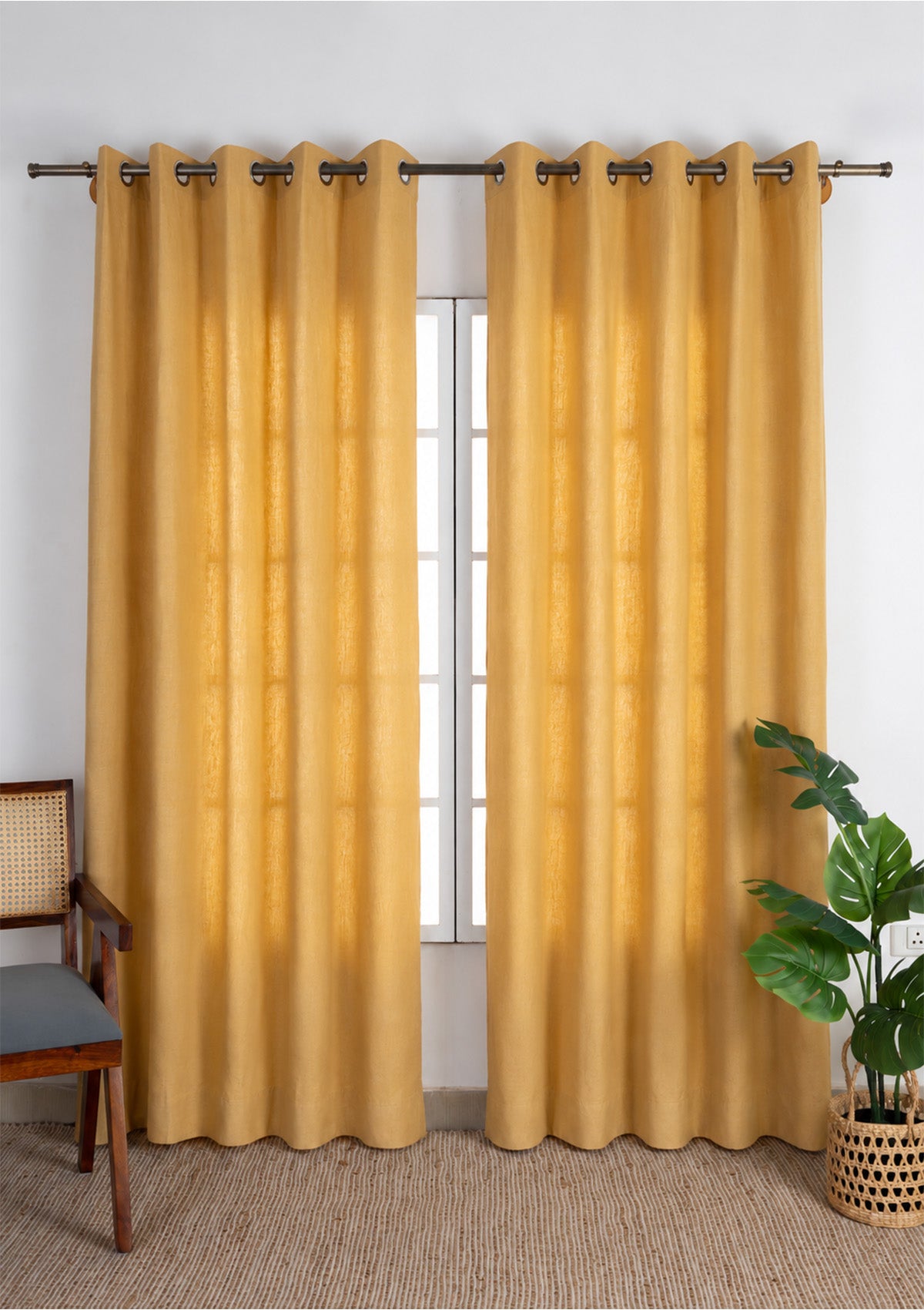 Honey Solid Linen Cotton Room Darkening & Baagh Printed Sheer Light Filtering | Yellow & Mustard | 100% Cotton for Living Room & Bedroom | Ethnic | Combo Curtains | Pack of 4