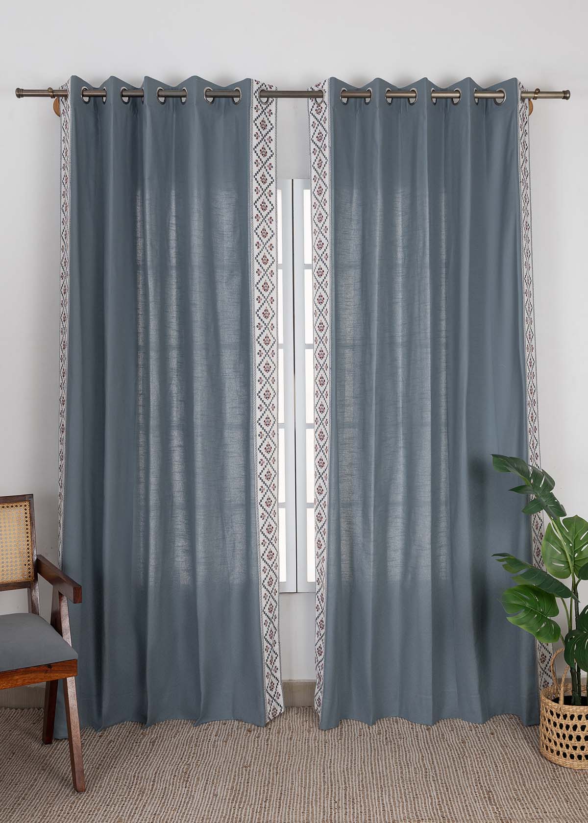 Ketaki Embroidered Cotton Room Darkening & Ira Embroidered Sheer Light Filtering | Mist Blue & Pink | 100% Cotton for Living Room & Bedroom | Geometric & Ethnic | Combo Curtains | Pack of 4