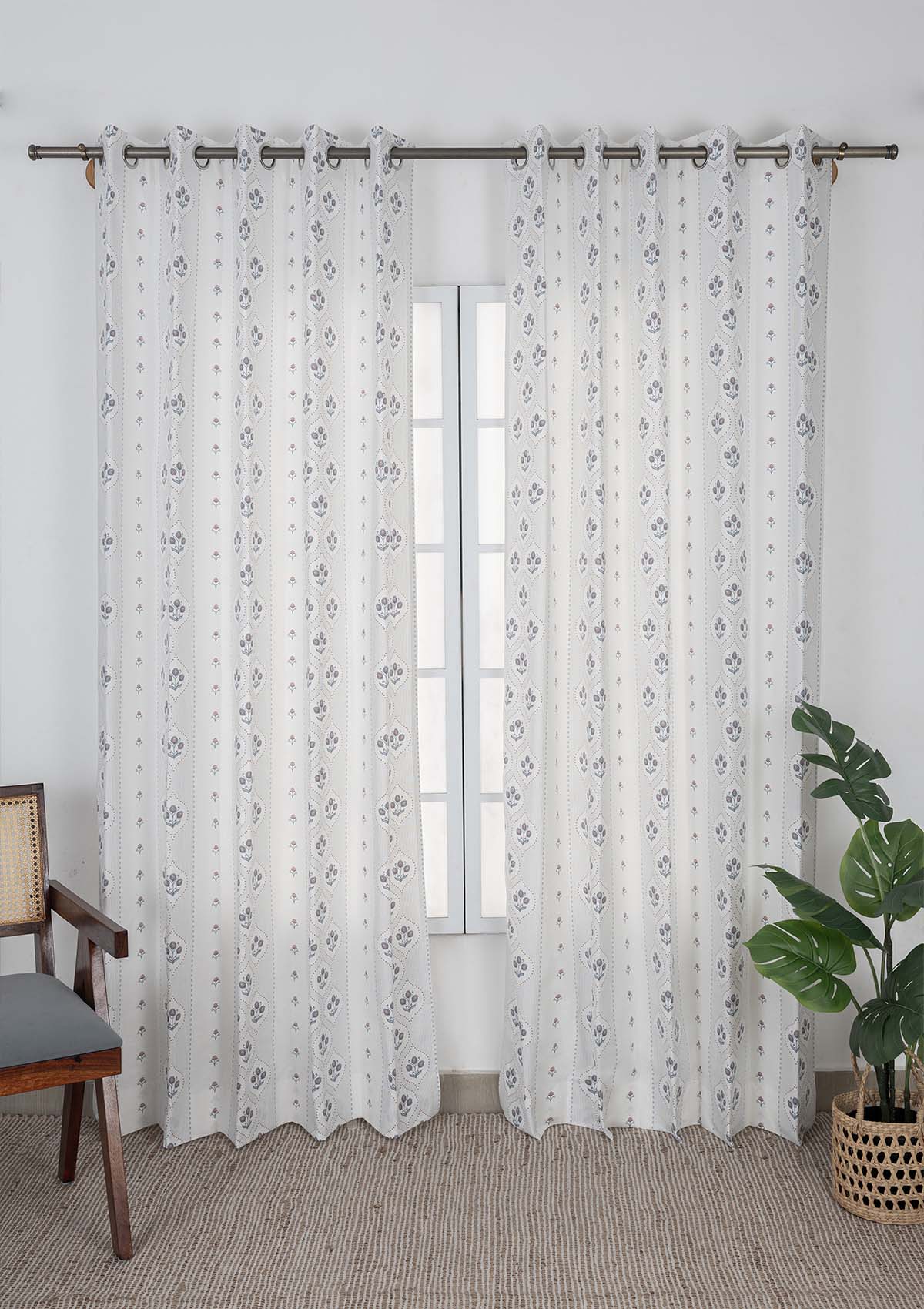 Meher Printed Cotton Light Reduction & Ira Embroidered Sheer Light Filtering | Blue & Pink | 100% Cotton for Living Room & Bedroom | Floral & Ethnic | Combo Curtains | Pack of 4