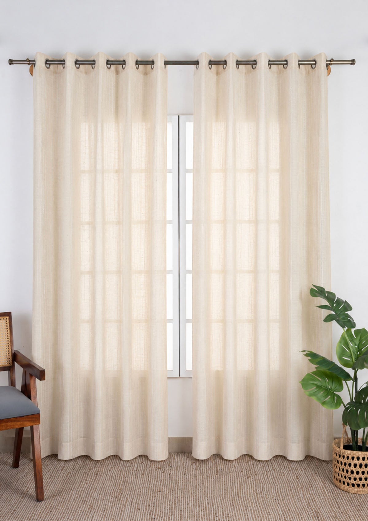 Daaram Textured Cotton Zari Blend Light Reduction & Husk Stripped Linen Textured Sheer Light Filtering | Gold & Beige | 100% Cotton for Living Room & Bedroom | Neutral | Combo Curtains | Pack of 4