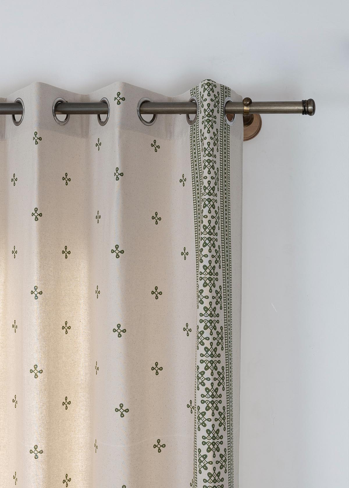 Kolam Printed Cotton Light Reduction & Cava Printed Sheer Light Filtering | Pepper Green | 100% Cotton for Living Room & Bedroom | Minimal | Combo Curtains | Pack of 4