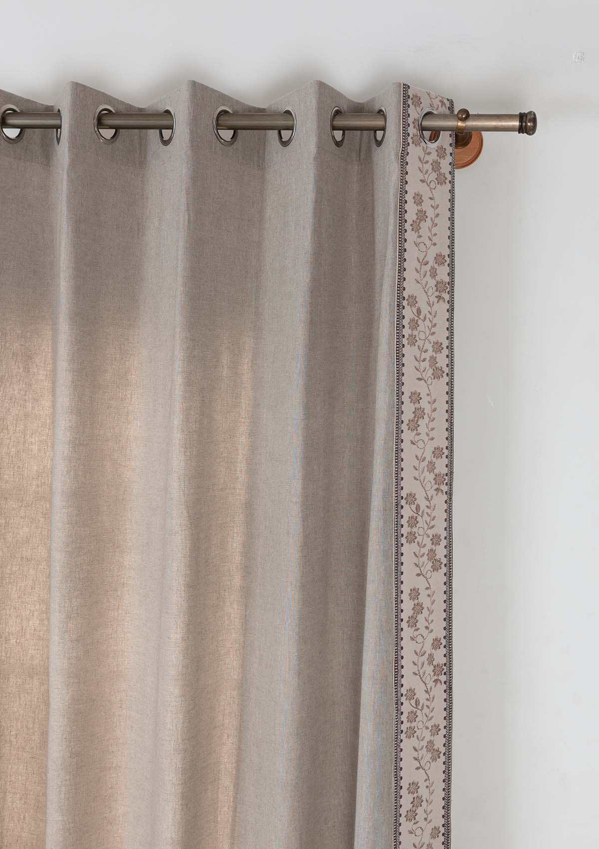 Mogra Embroidered Linen Cotton Room Darkening & Field Printed Sheer Room Darkening | Elephant Grey & Brown | 100% Cotton for Living Room & Bedroom | Floral | Combo Curtains | Pack of 4