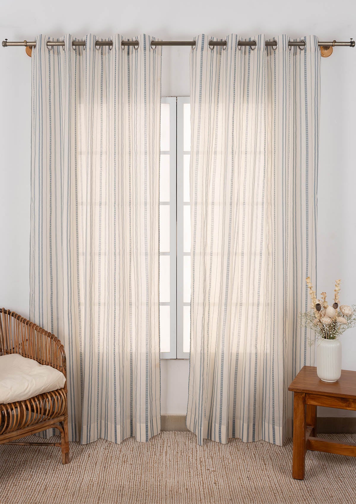 Nilgiri Solid Textured Linen Room Darkening & Still Water Printed Sheer Light Filtering | Nilgiri Blue & Mist Blue | 100% Cotton for Living Room & Bedroom | Geometric | Combo Curtains | Pack of 4