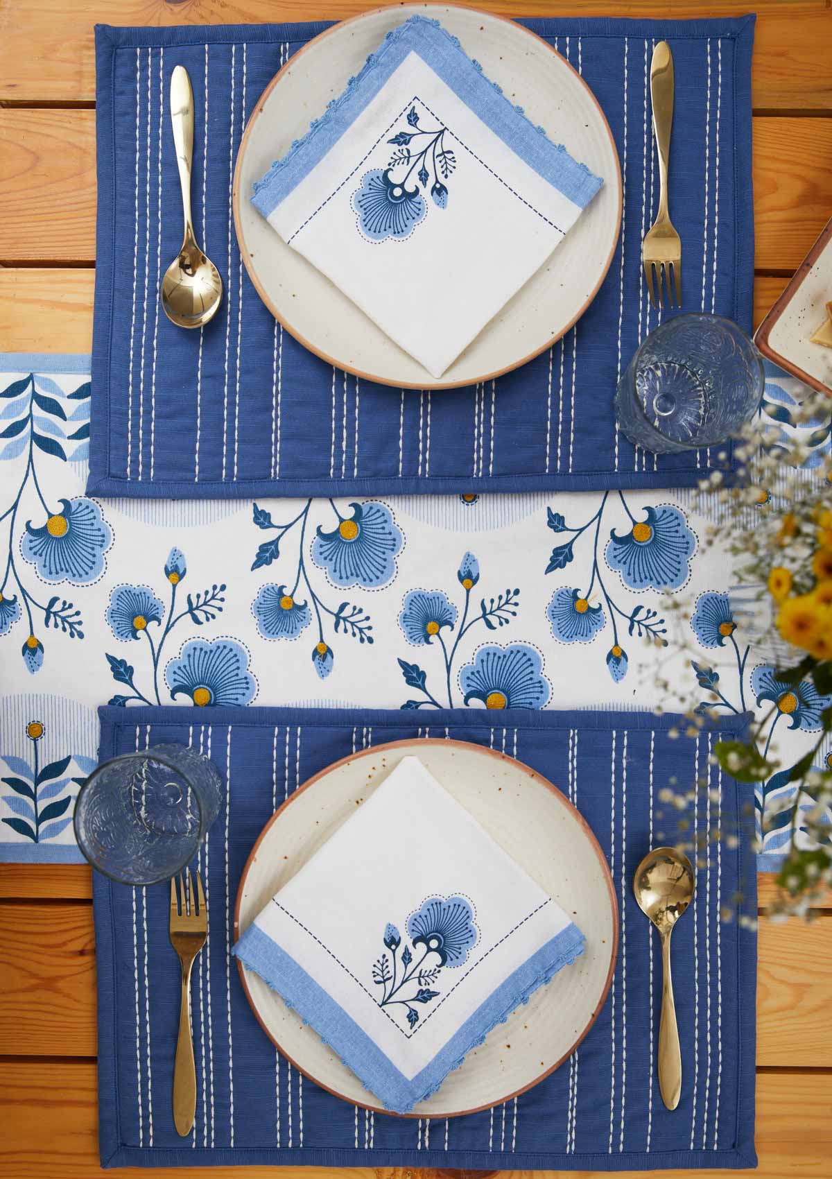 Coromandel 100% cotton ethnic table runner for 4 seater or 6 seater Dining with tassels - Powder blue