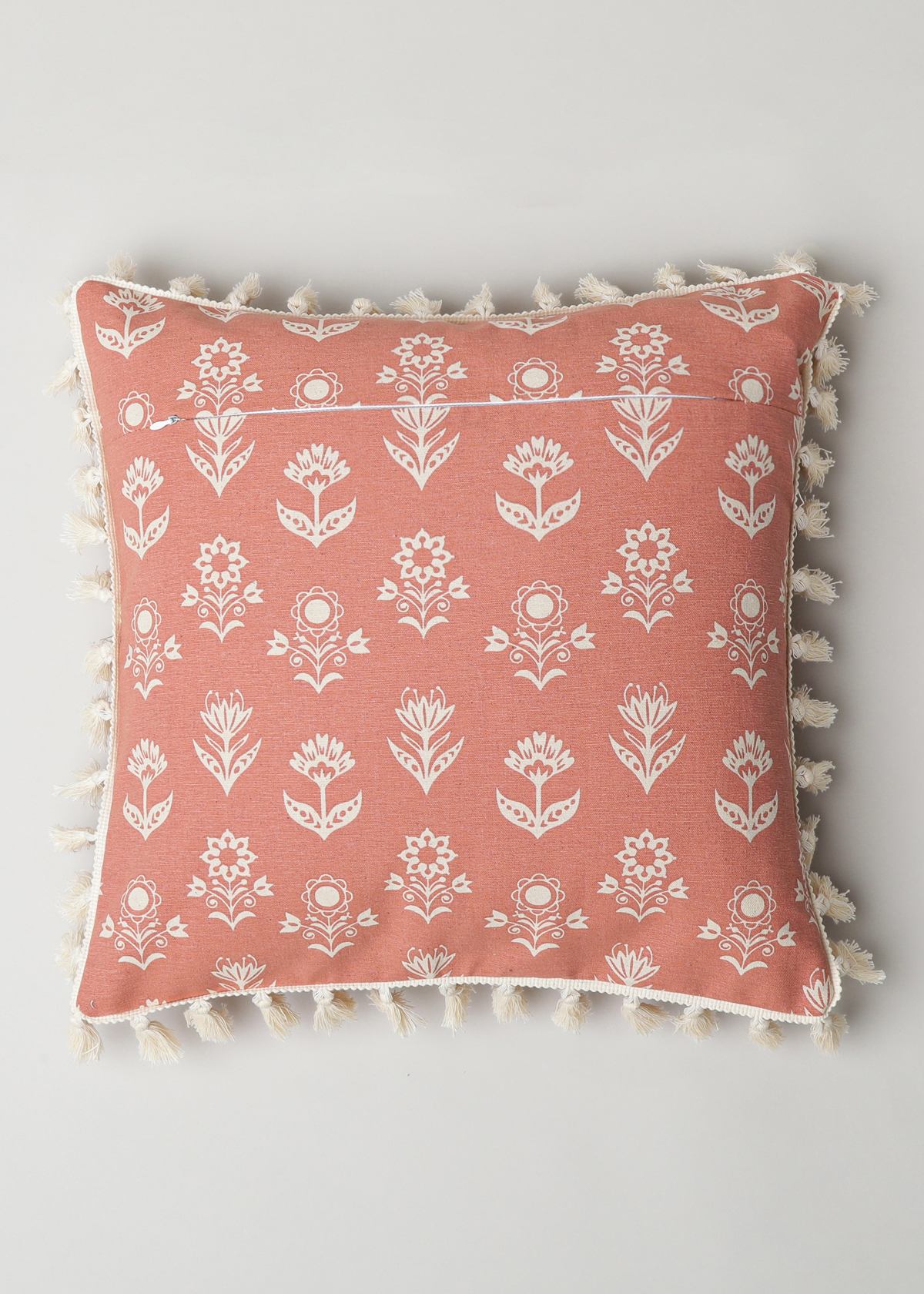 Dahlia Printed 100% cotton floral cushion cover for sofa with tassels - Rust