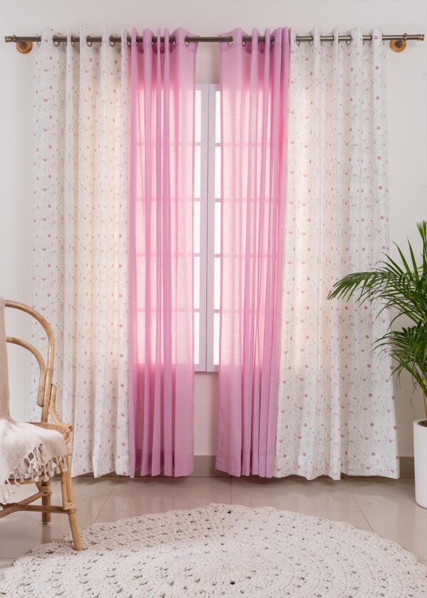 Drifting Dandelion, Dusty Lavender Sheer Set of 4 Combo Cotton Curtain - Lavender