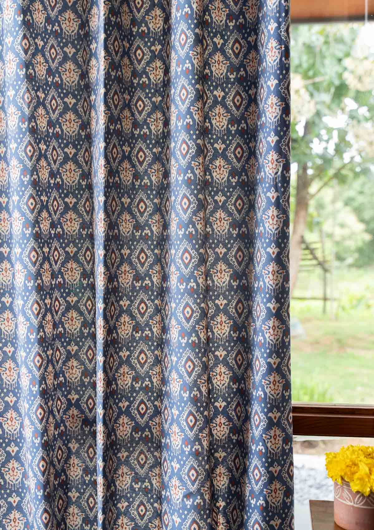Durbar Ikat Geometric Printed 100% Cotton Curtain for Living Room and Bedroom - Room Darkening - Royal blue and Brick Red - Single Piece