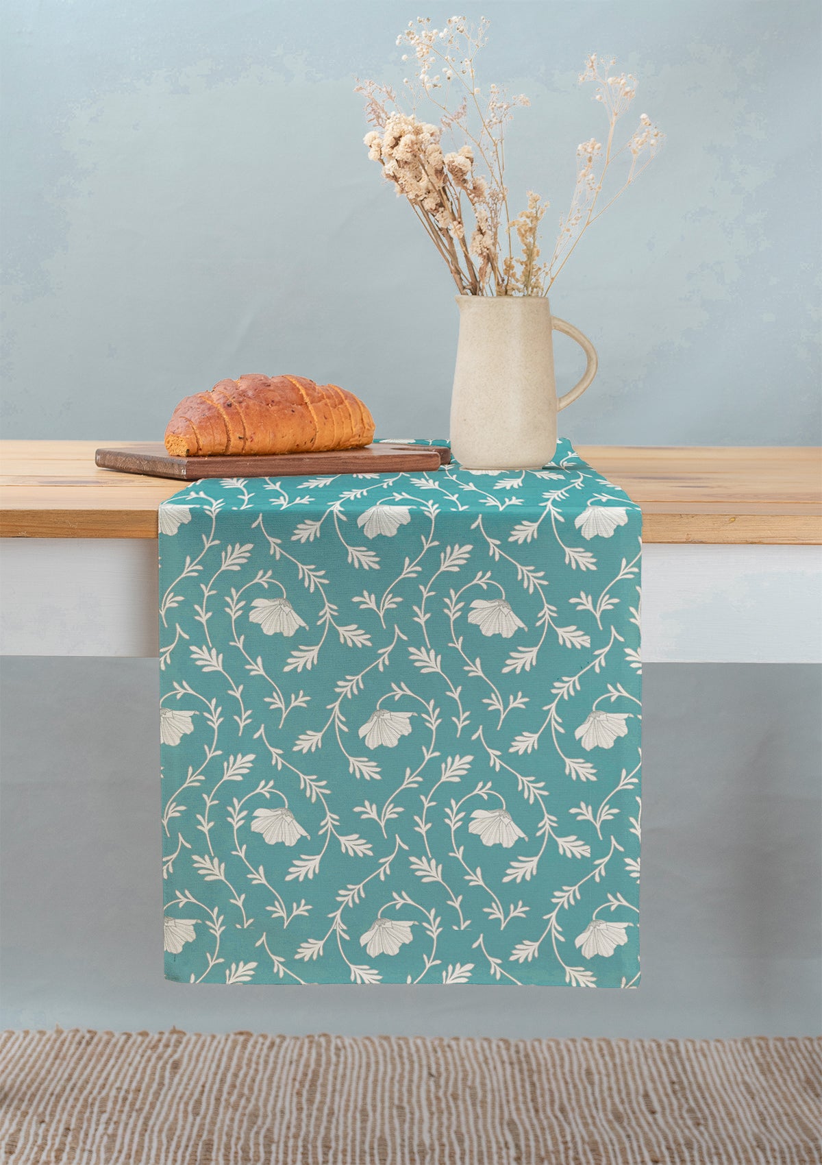 Eden 100% cotton customisable floral table Runner for dining - Aqua blue