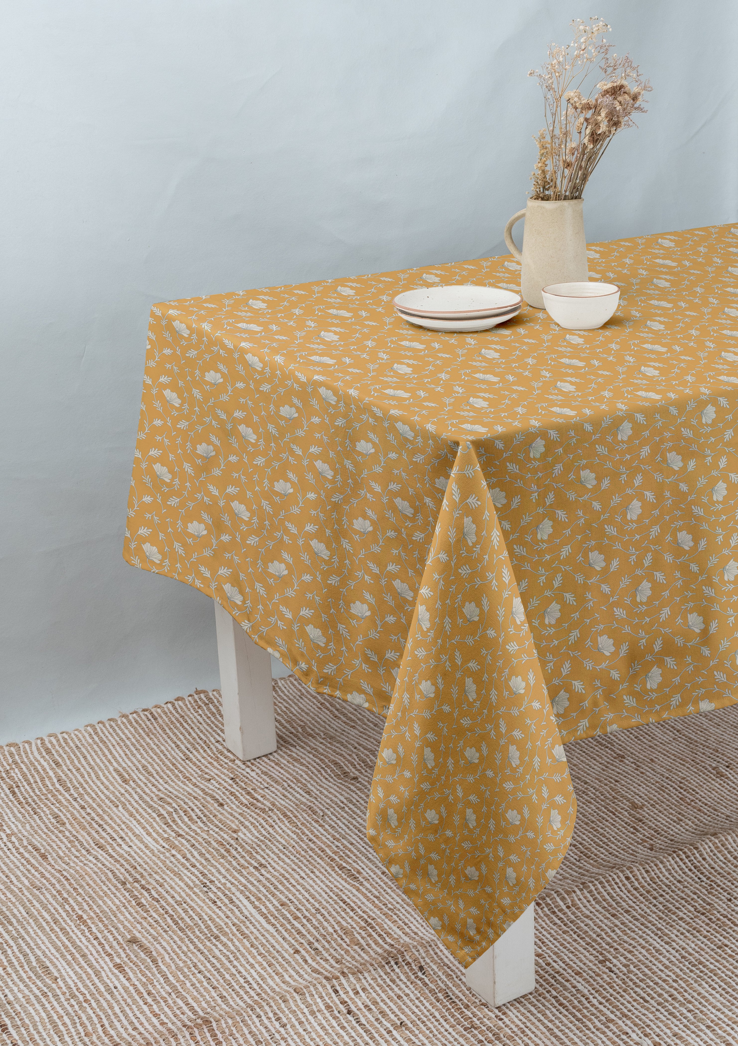Eden 100% cotton customizable floral table cloth for dining - Mustard