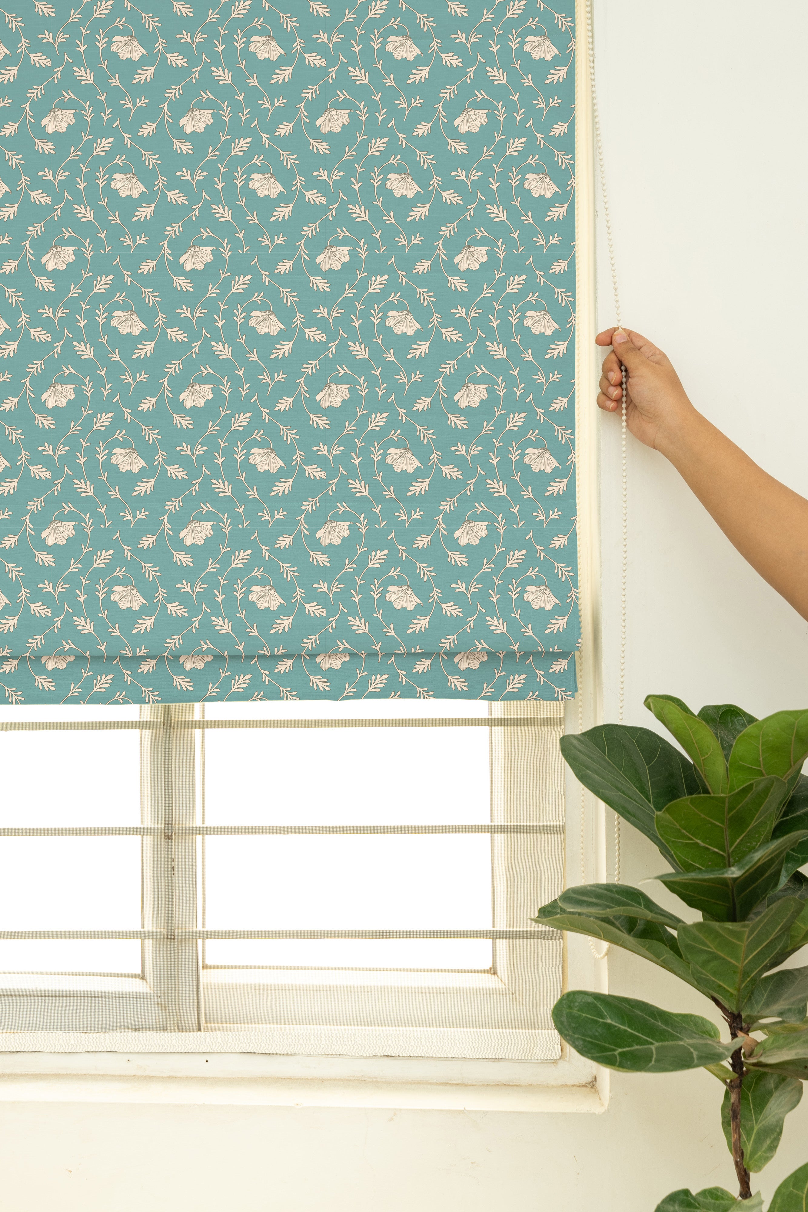 Eden Aqua Blue 100% cotton floral Customizable Roman blind for bed room - Room darkening