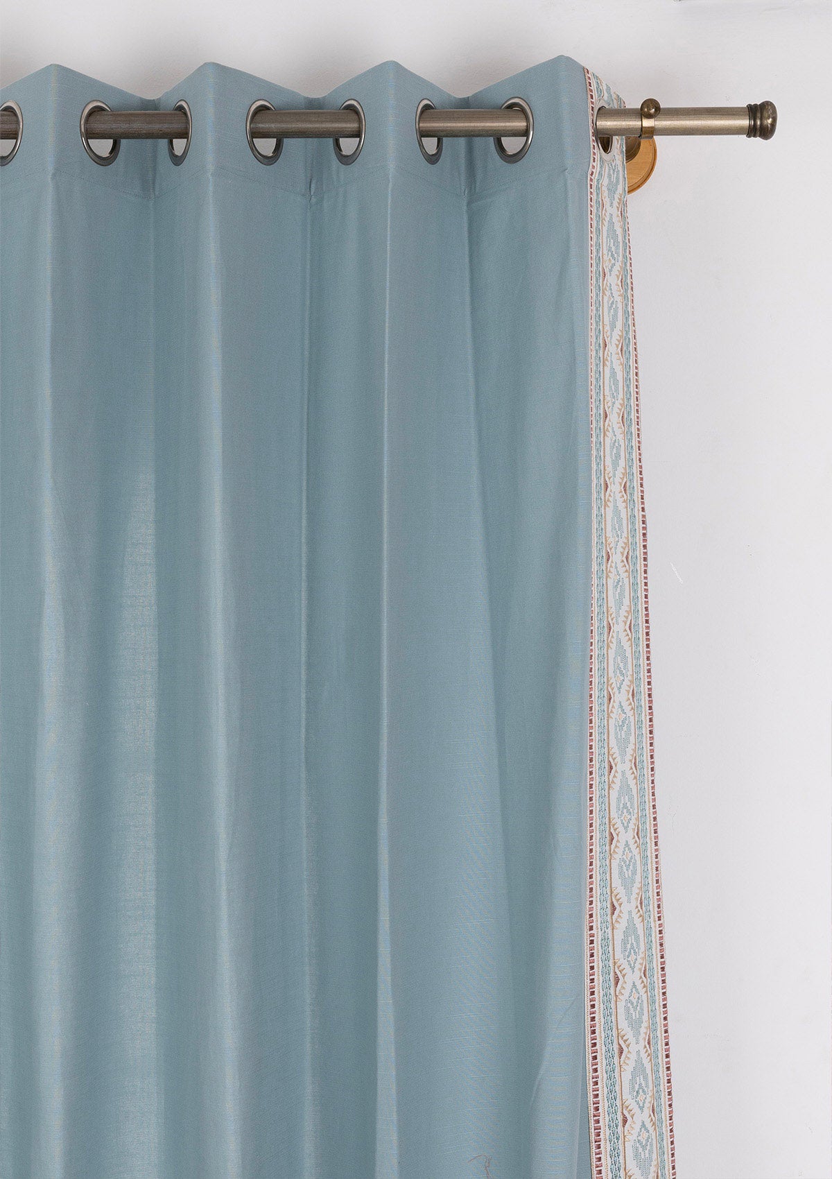 Elba Marine Teal Embroidered Trim 100% Cotton Curtain For Bedroom | Room Darkening | Single Piece