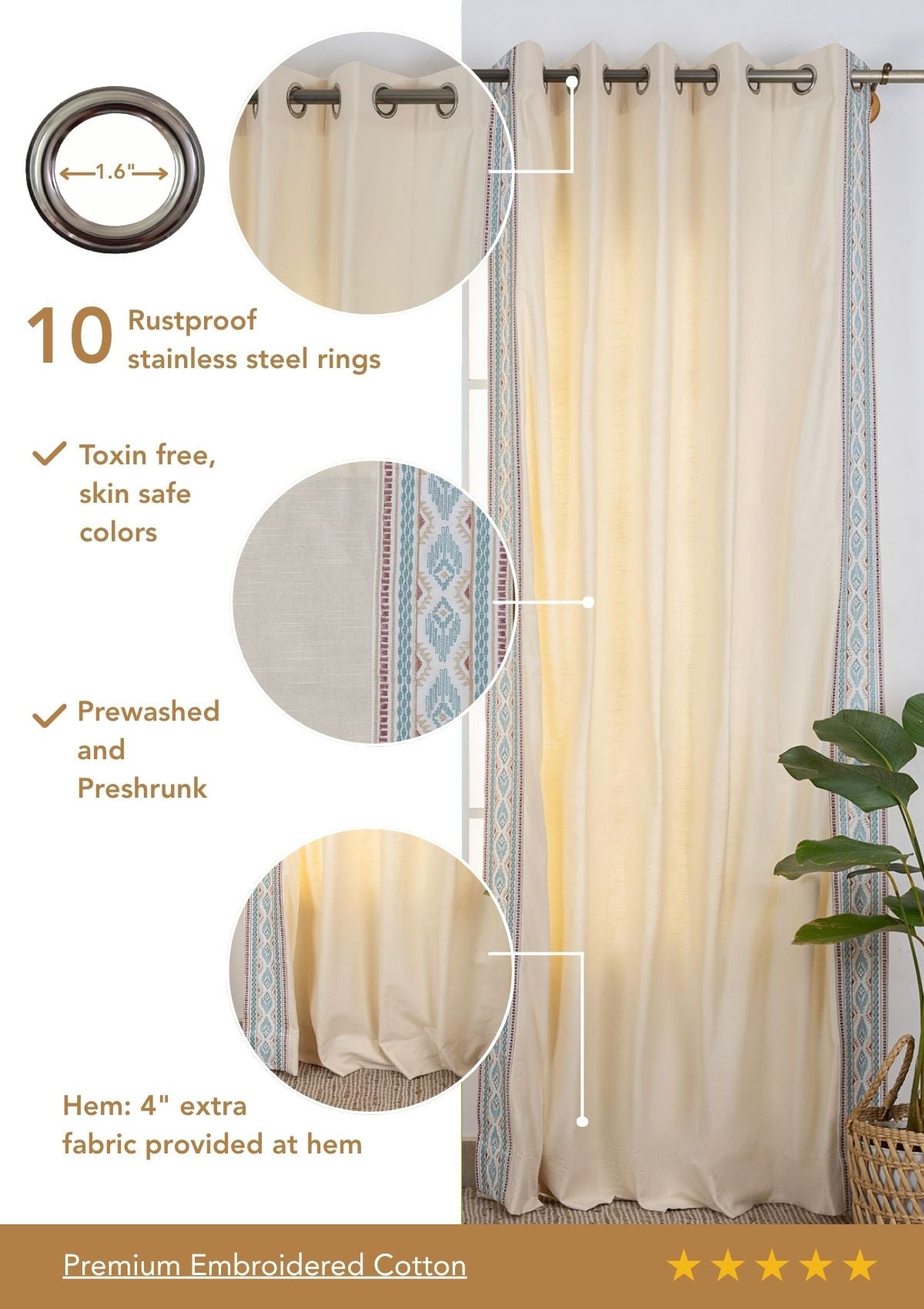 Elba Cream Embroidered Trim 100% Cotton Curtain For Living Room |Room Darkening | Single Piece