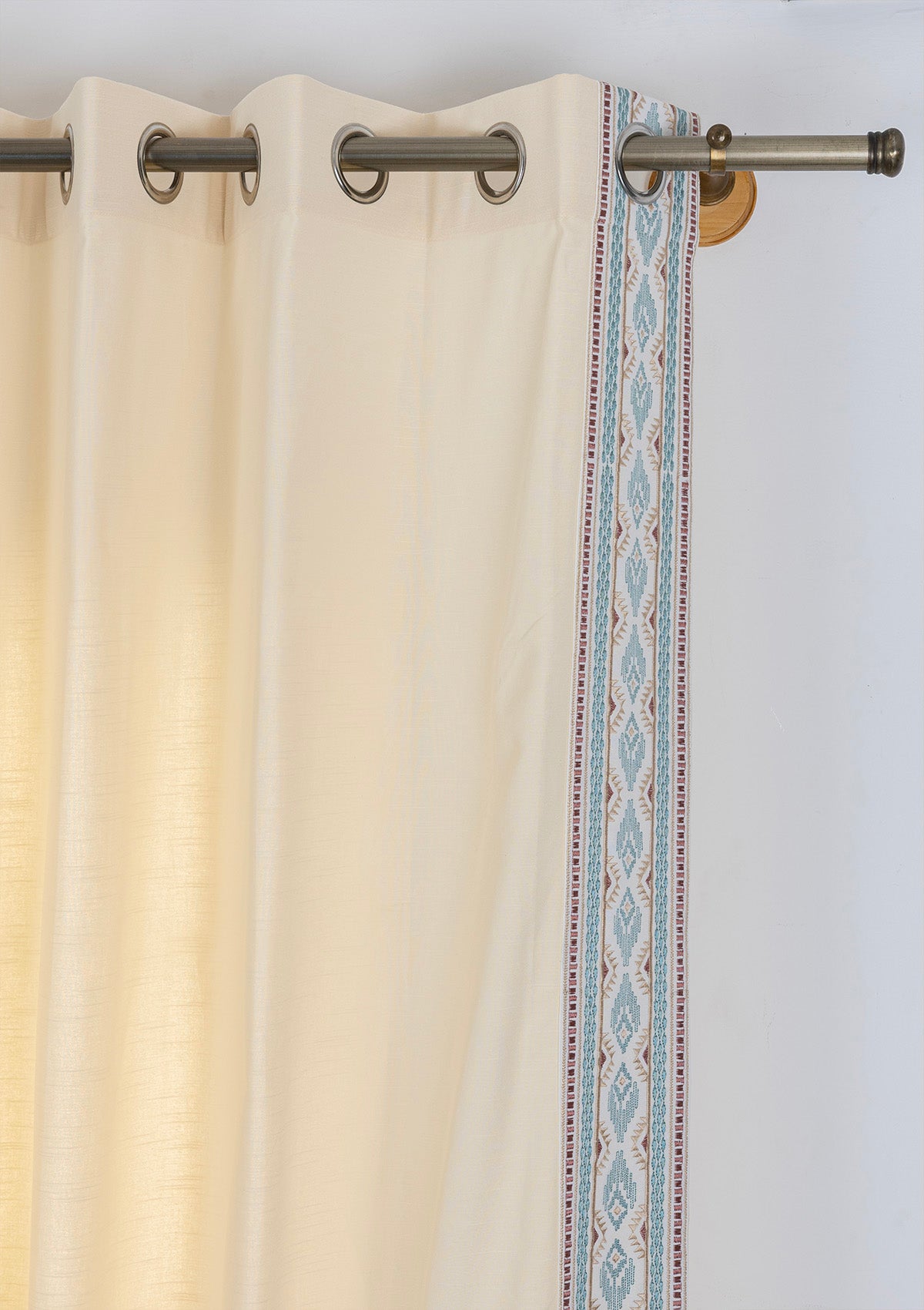 Elba Cream Embroidered Trim 100% Cotton Curtain For Living Room |Room Darkening | Single Piece