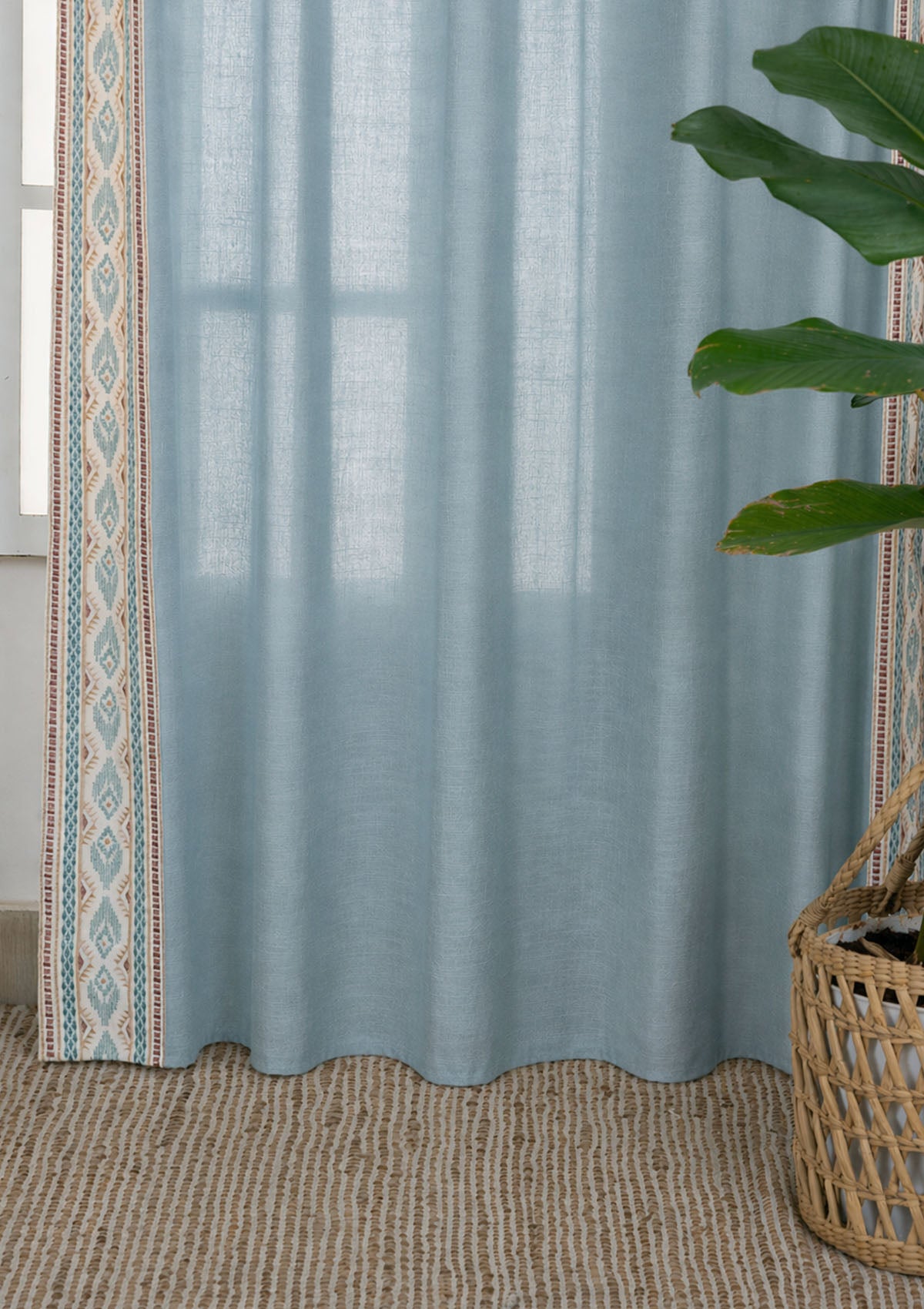 Elba Marine Teal Embroidered Trim 100% Cotton Curtain For Bedroom | Room Darkening | Single Piece