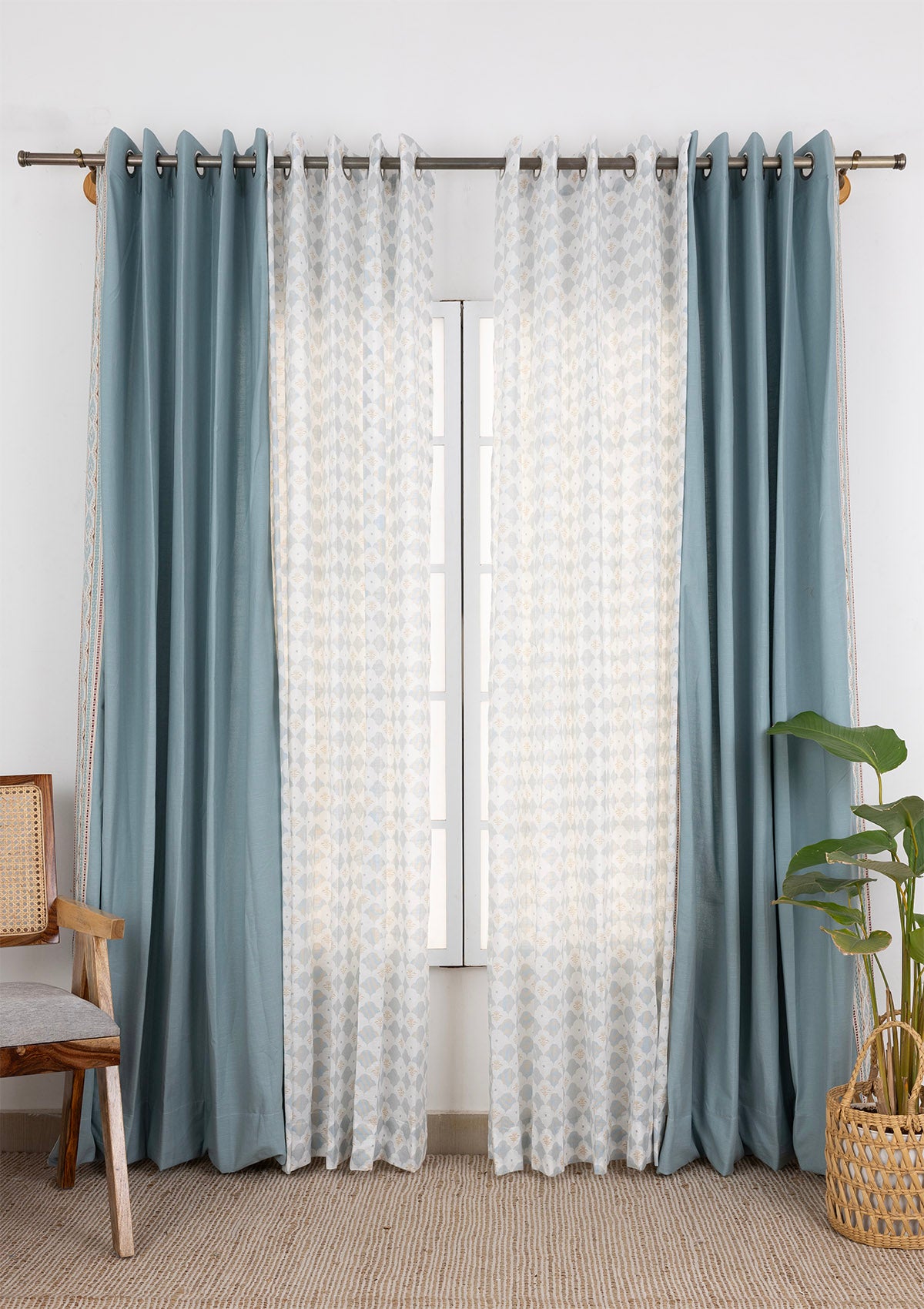 Elba Embroidered Trim Room Darkening & Arden Printed Sheer Light Reduction | 100% Cotton for Living Room & Bedroom | Geometric | Marine Teal | Combo Curtains | Pack of 4