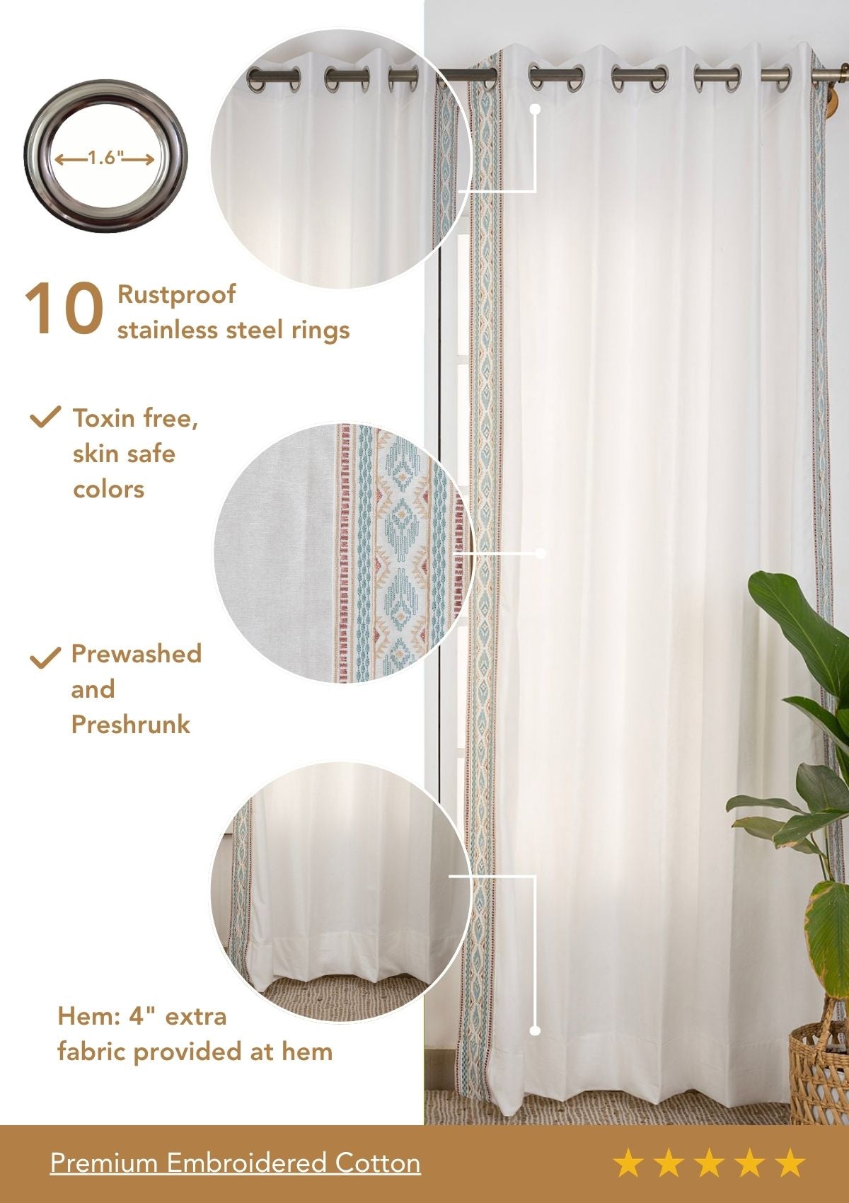 Elba White Embroidered Trim 100% Cotton Curtain For Living Room | Light Filtering | Single Piece