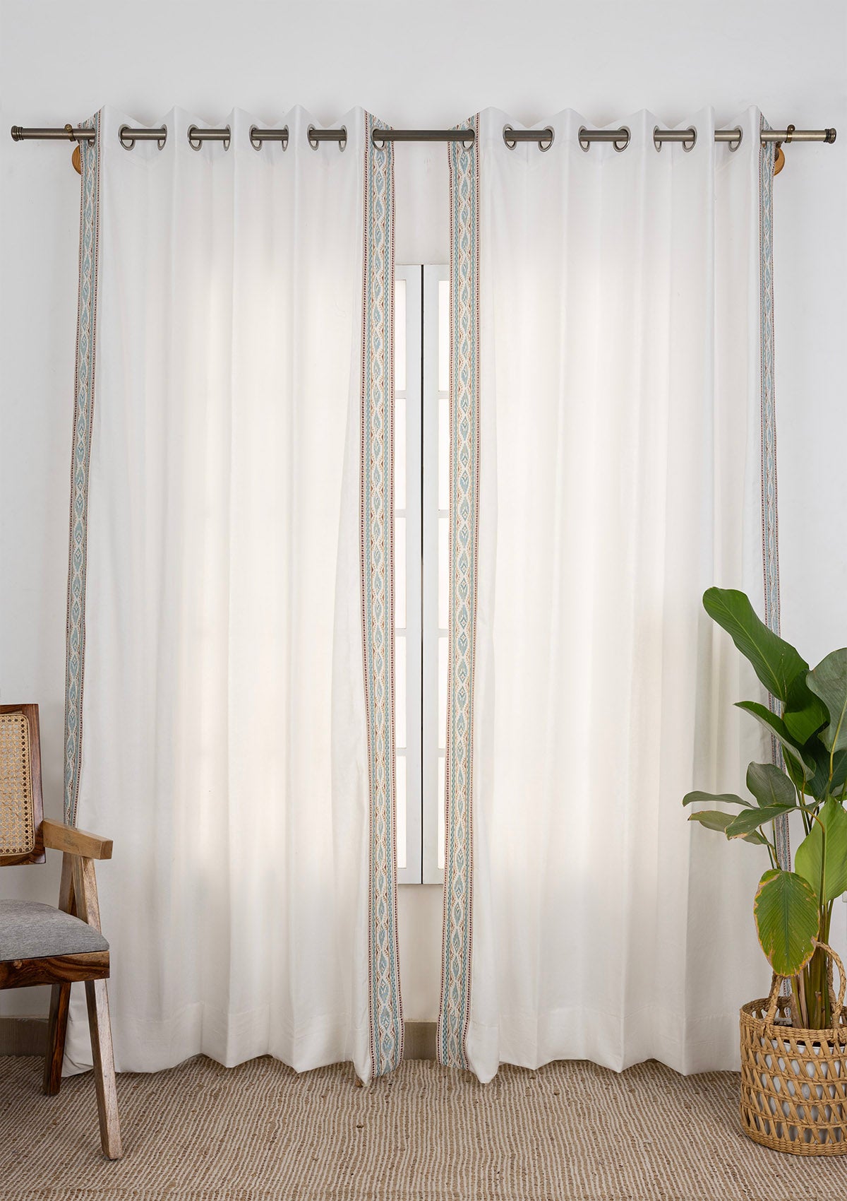 Elba Embroidered Trim Room Darkening & Ballet Printed Sheer Light Reduction | 100% Cotton for Living Room & Bedroom | Floral | White & Pink | Combo Curtains | Pack of 4