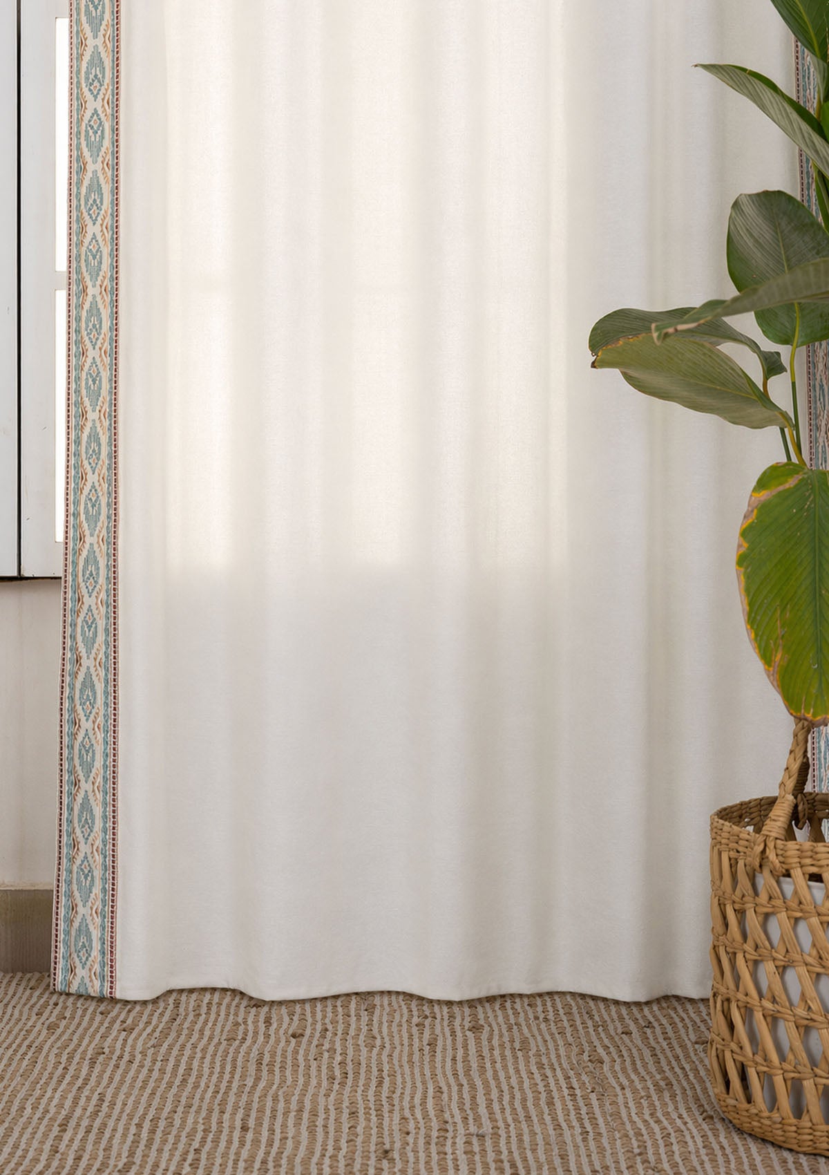 Elba White Embroidered Trim 100% Cotton Curtain For Living Room | Light Filtering | Single Piece