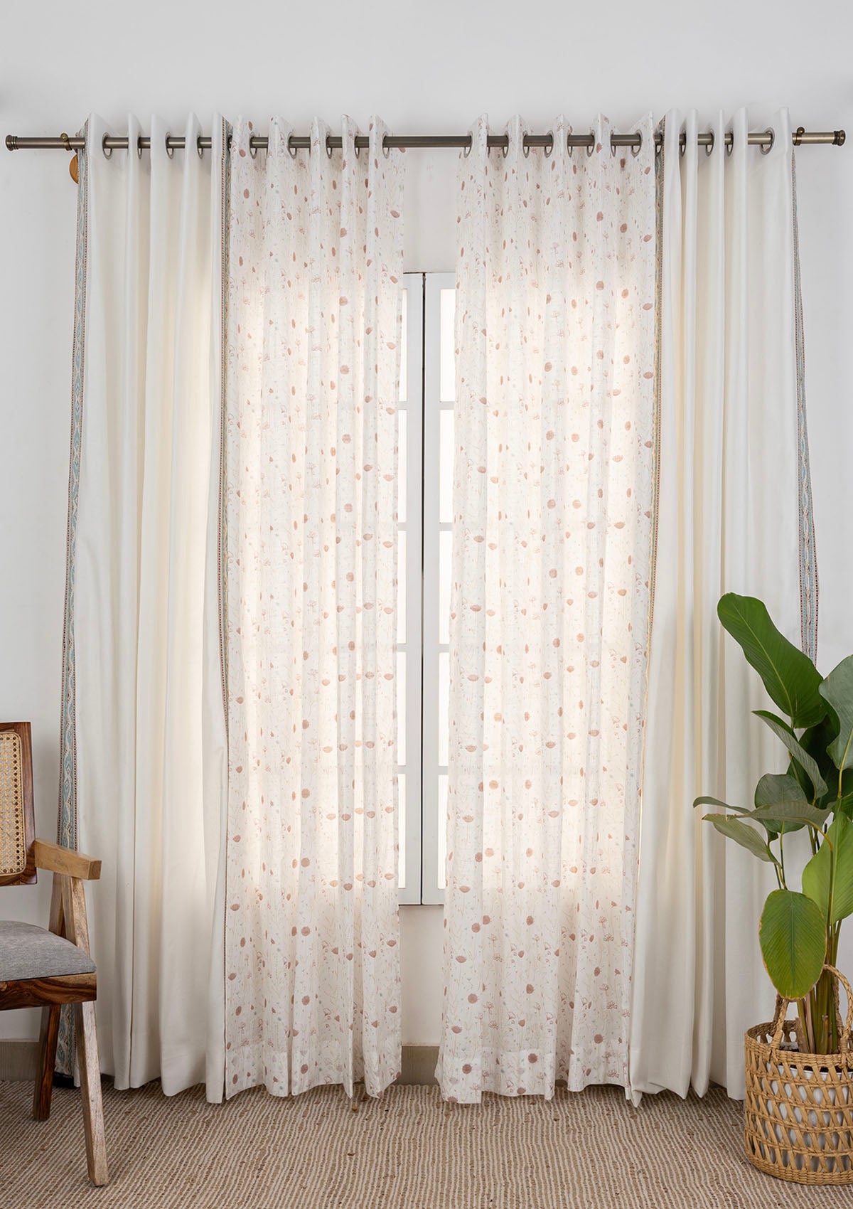 Elba Embroidered Trim Room Darkening & Ballet Printed Sheer Light Reduction | 100% Cotton for Living Room & Bedroom | Floral | White & Pink | Combo Curtains | Pack of 4