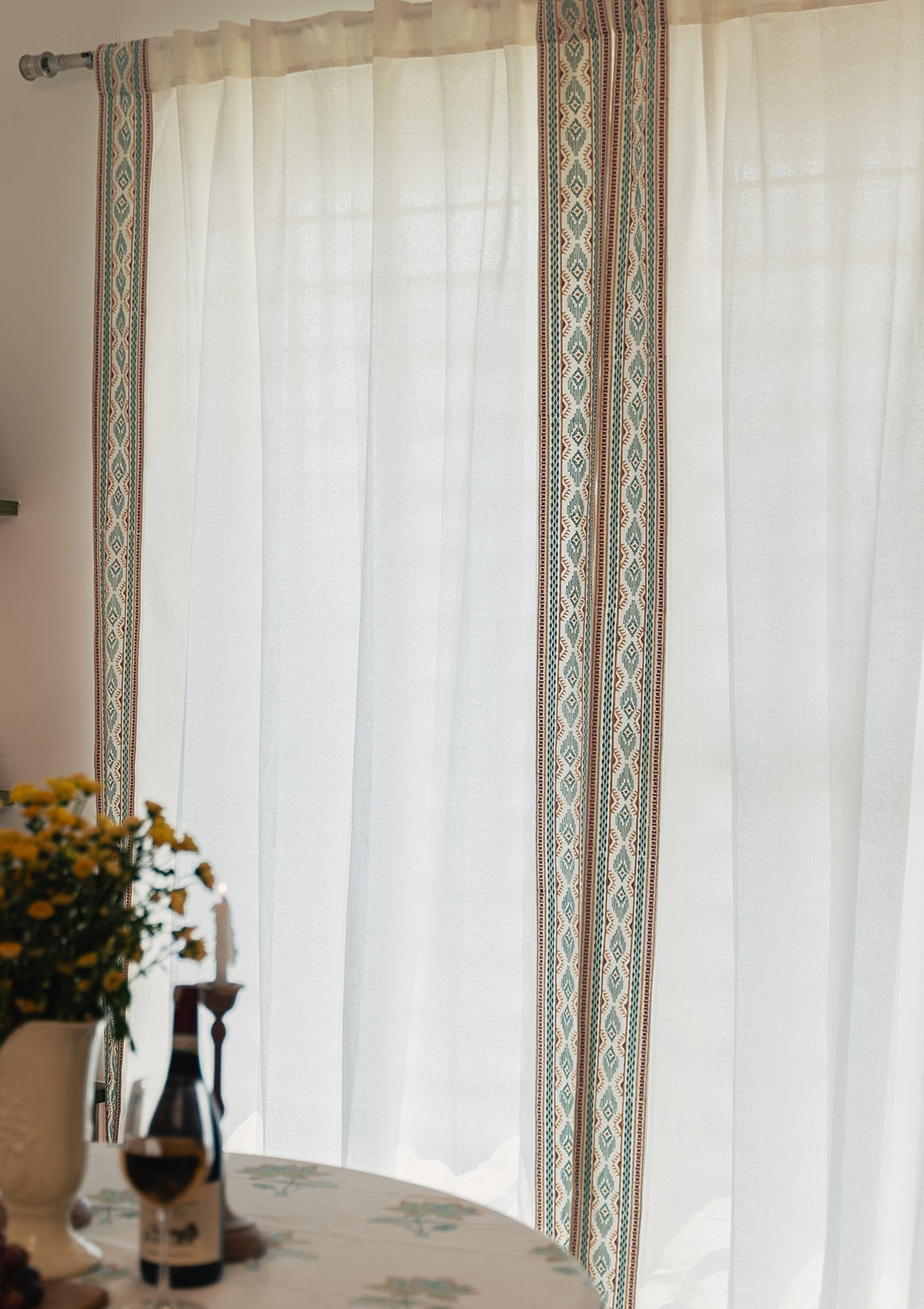 Elba White Embroidered Trim 100% Cotton Curtain For Living Room | Light Filtering | Single Piece