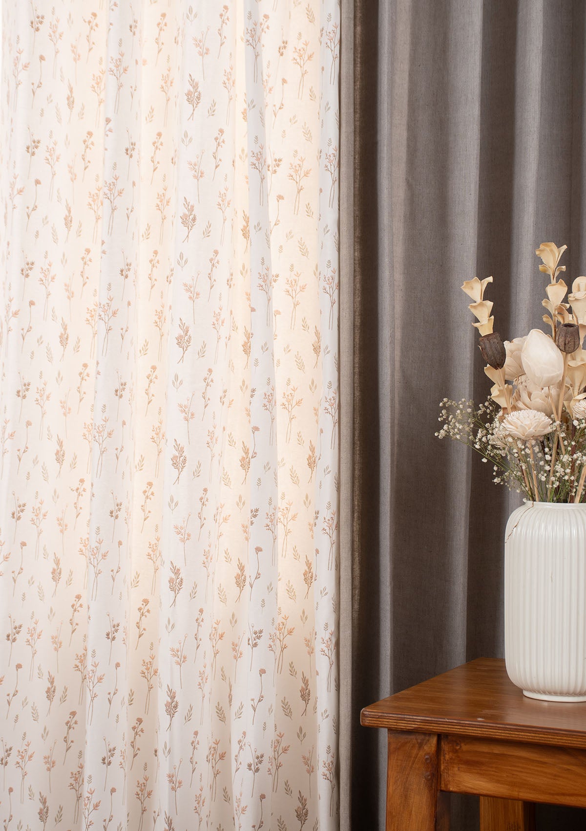 Elephant Grey Solid Linen Room-Darkening & Breeze Orange Floral Light-Reducing - 100% Cotton for Living Room & Bedroom - Pack of 4