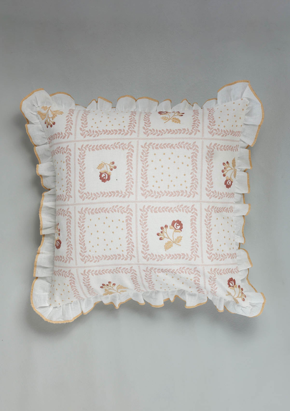 Elora Pink Embroidered 100% Cotton Cushion Cover For Sofa