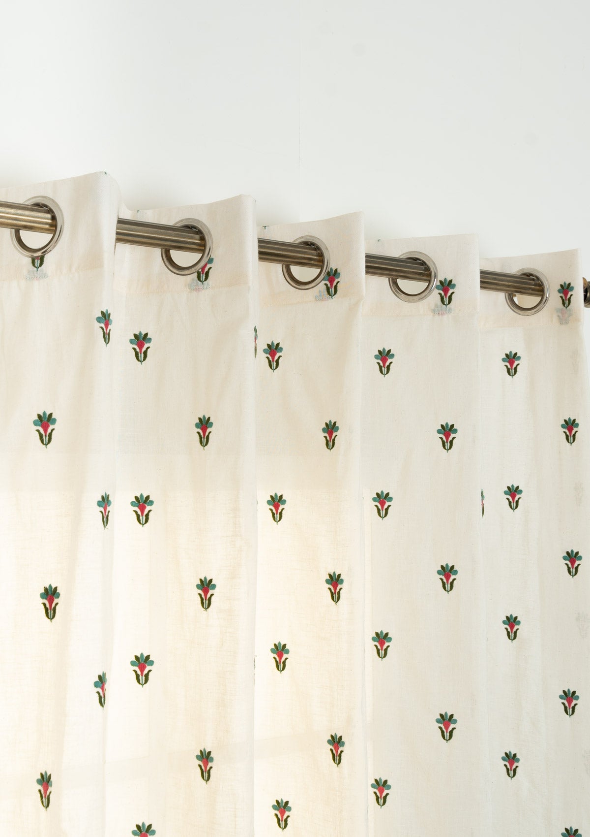 Emerald floral Embroidered 100% cotton Sheer Curtain for living room - Light filtering - Rose Pink and Pepper Green - Single Piece