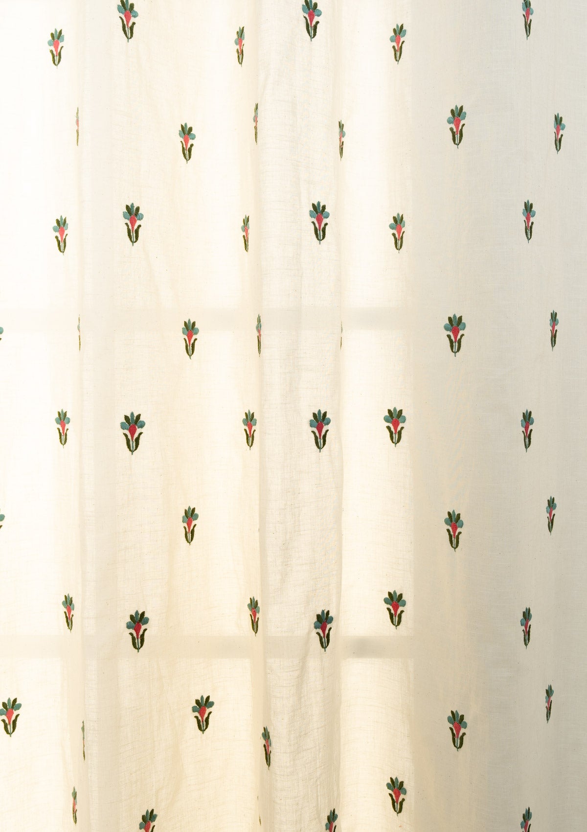 Emerald floral Embroidered 100% cotton Sheer Curtain for living room - Light filtering - Rose Pink and Pepper Green - Single Piece