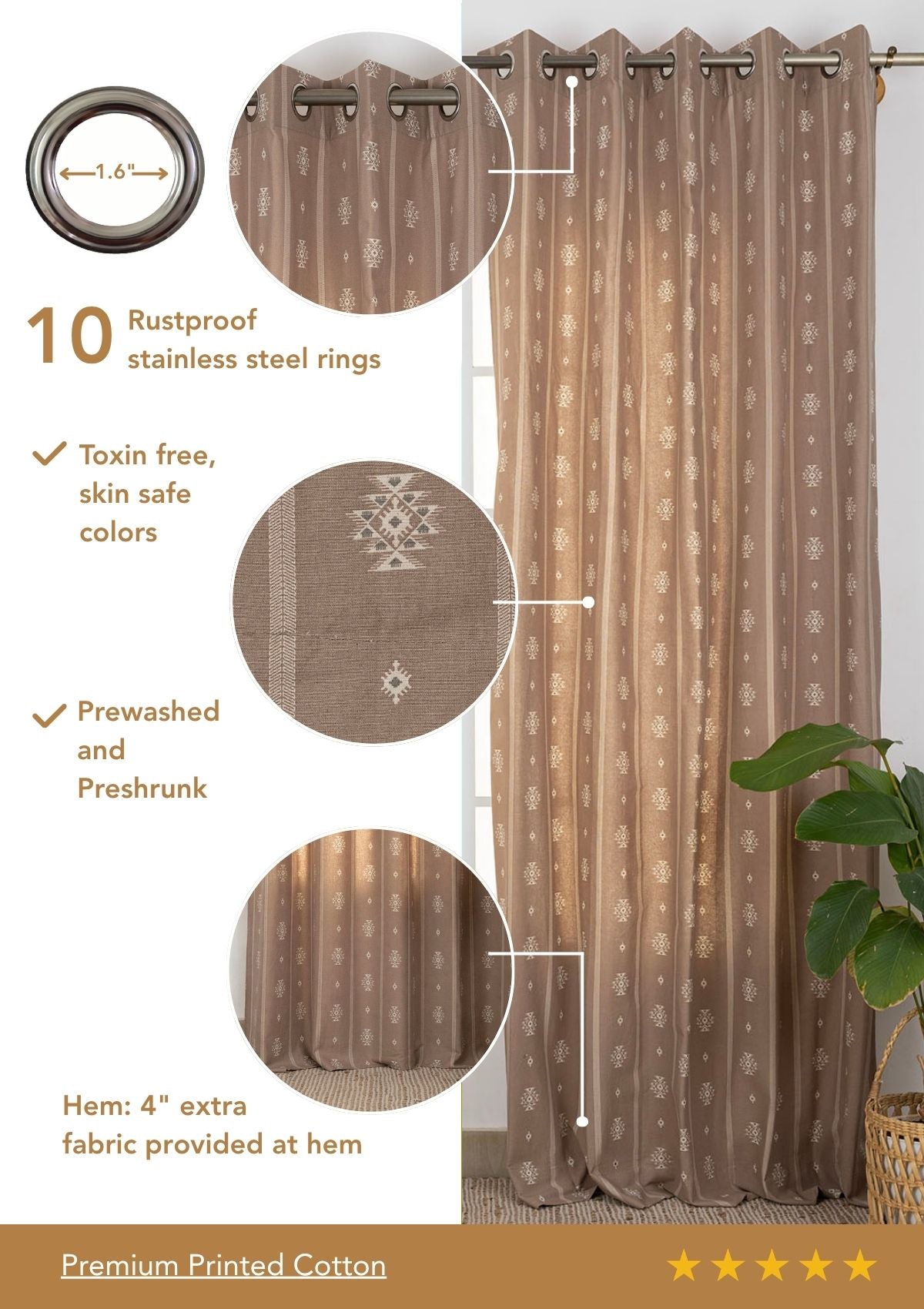 Feather Brown Geometric Printed 100% Cotton Curtain For Bedroom | Room Darkening | Single Piece