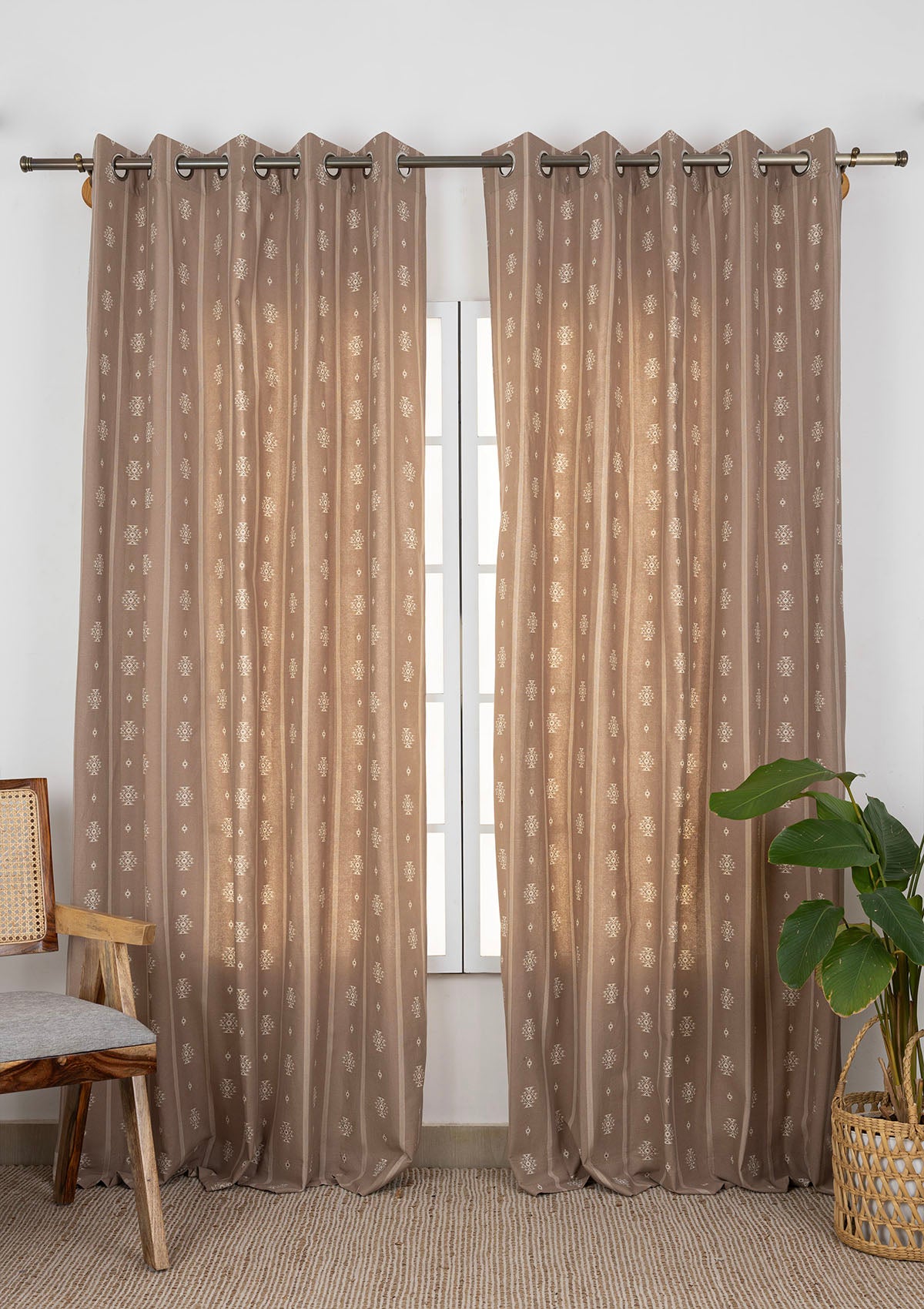 Feather Brown Geometric Printed Room Darkening & Truffle Brown Geometric Printed Sheer | 100% Cotton for Living Room & Bedroom | Pack of 4