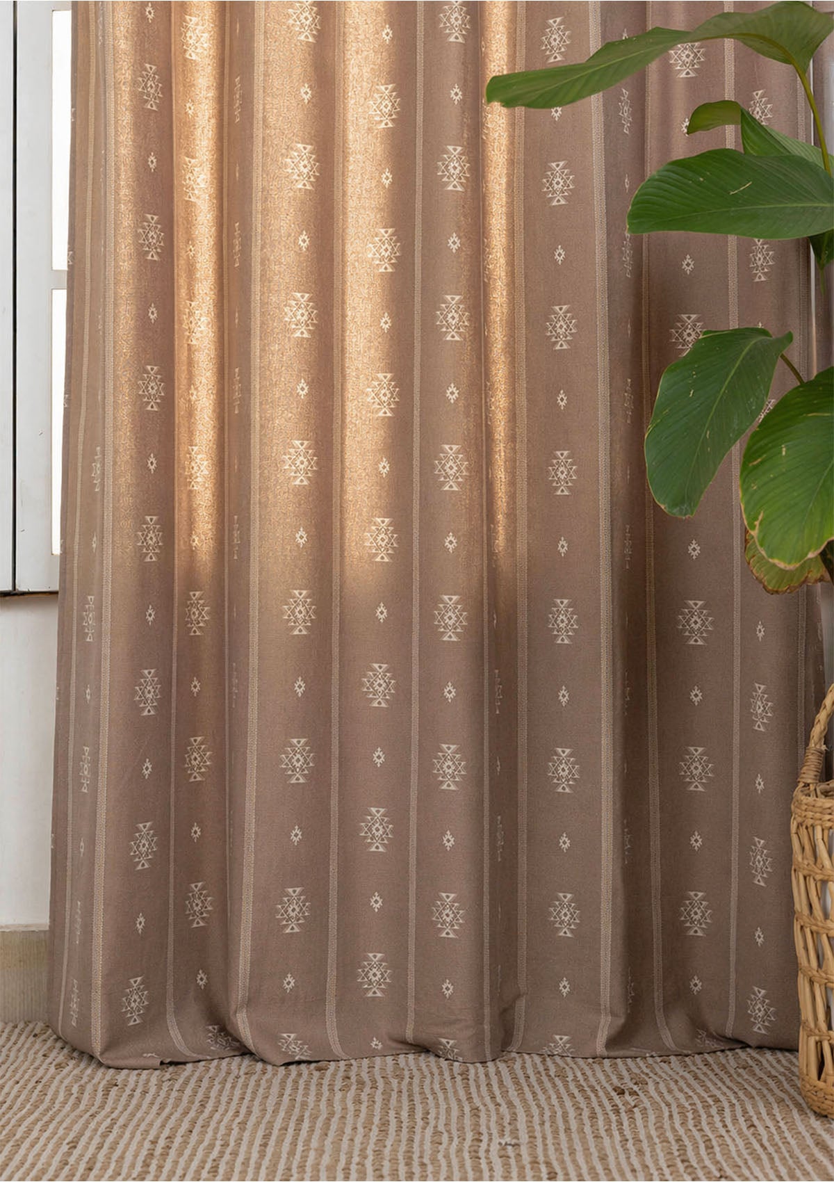 Feather Brown Geometric Printed Room Darkening & Truffle Brown Geometric Printed Sheer | 100% Cotton for Living Room & Bedroom | Pack of 4