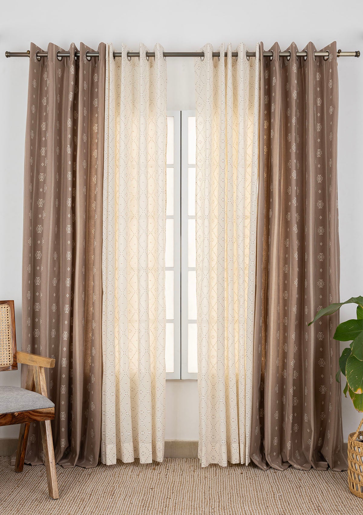 Feather Brown Geometric Printed Room Darkening & Truffle Brown Geometric Printed Sheer | 100% Cotton for Living Room & Bedroom | Pack of 4