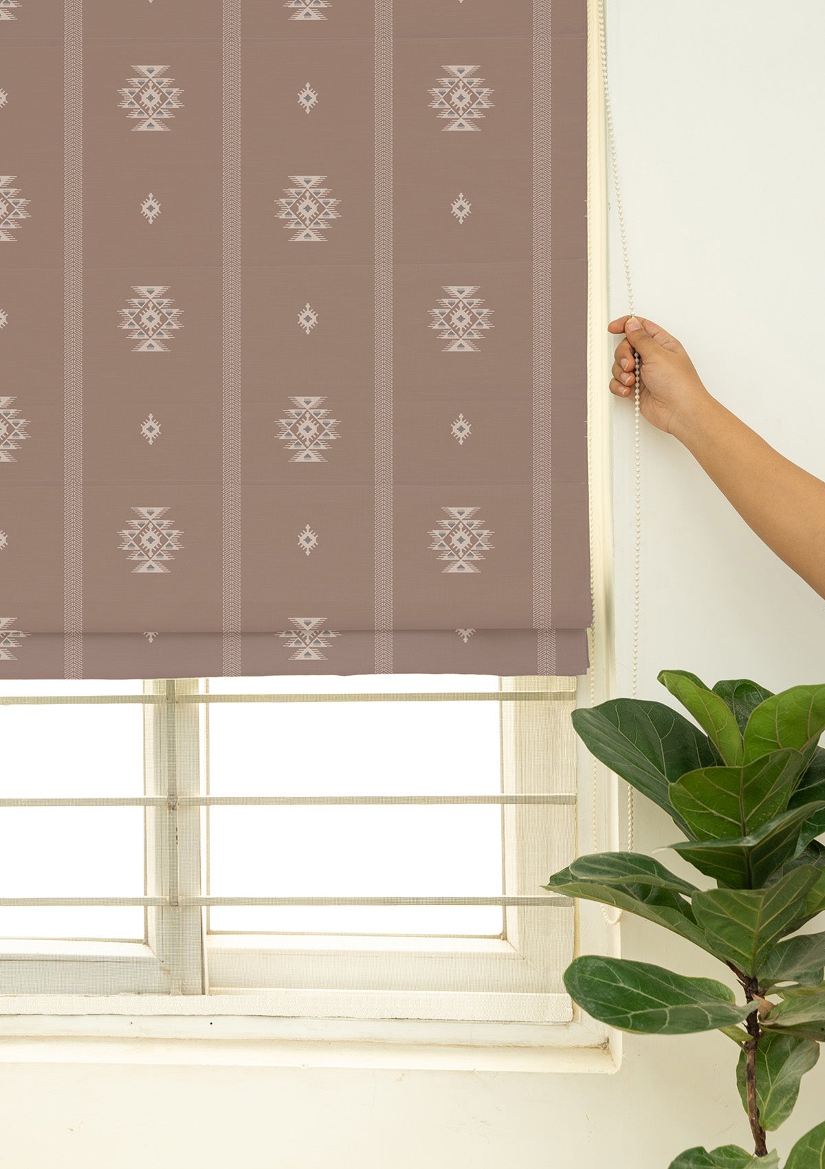 Feather Brown Geometric Printed 100% Cotton Blind For Bedroom | Room Darkening