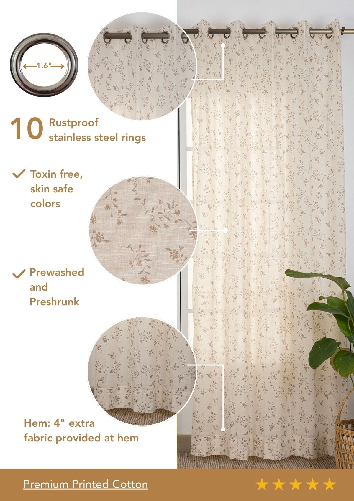 Field Brown Floral Printed 100% Cotton Sheer Curtain For Bedroom | Room Darkening | Single Piece