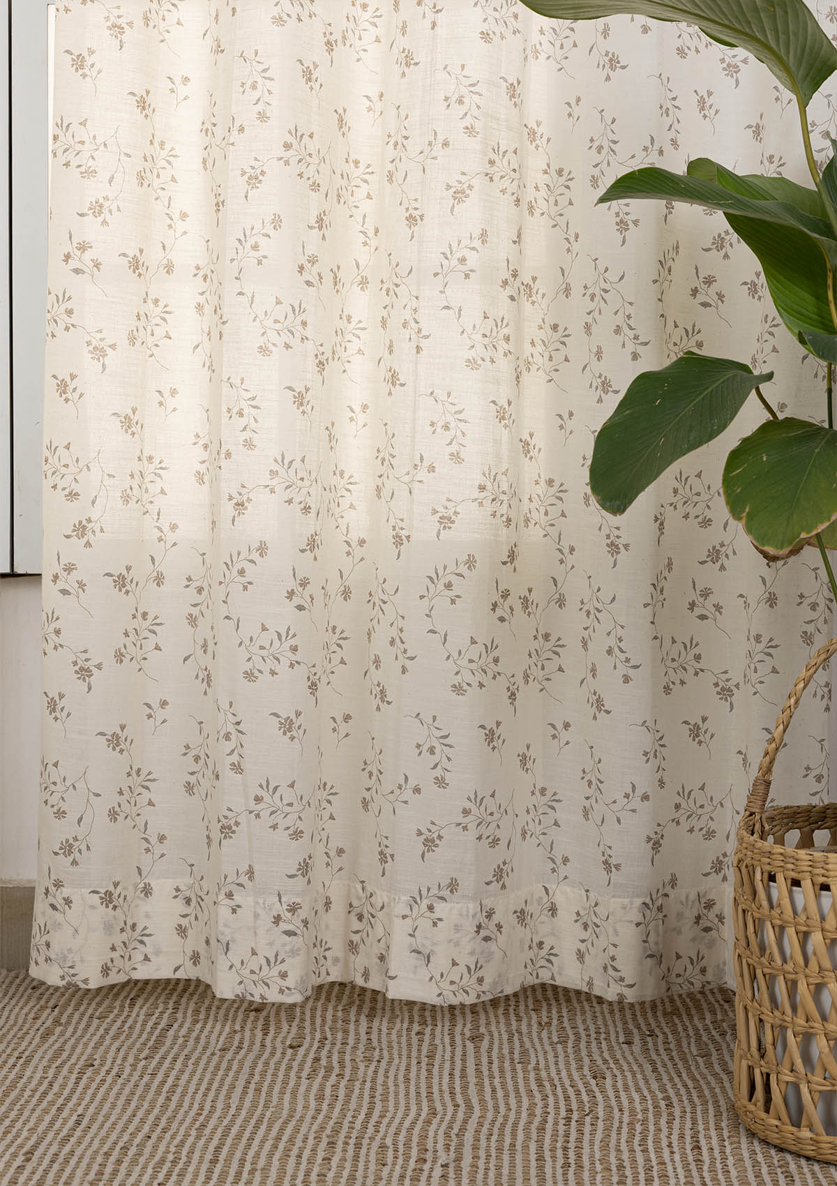 Toffee Textured Light Filtering & Field Printed Sheer Room Darkening | 100% Cotton for Living Room & Bedroom | Floral | Brown | Combo Curtains | Pack of 4