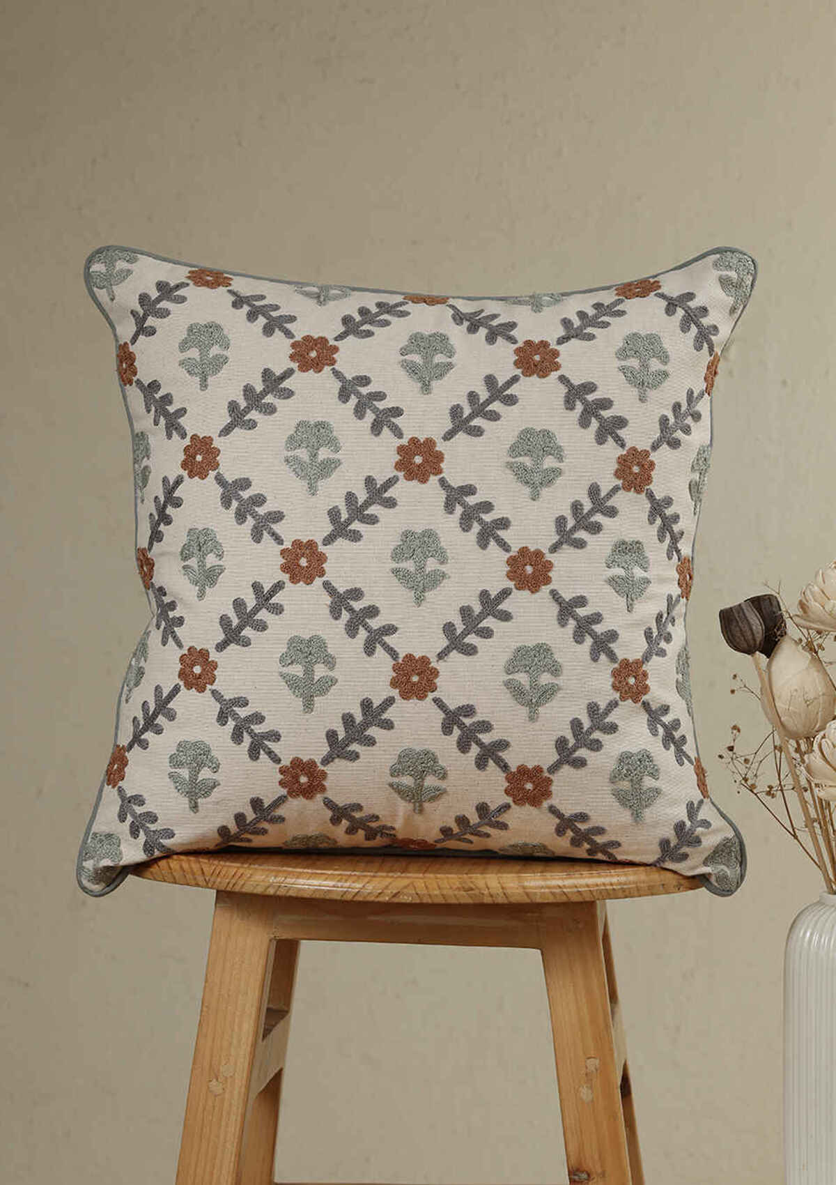 Flora & Basil Green Solid Embroidered |100% Cotton Cushion Covers for Sofa | Multicolor | Pack of 2