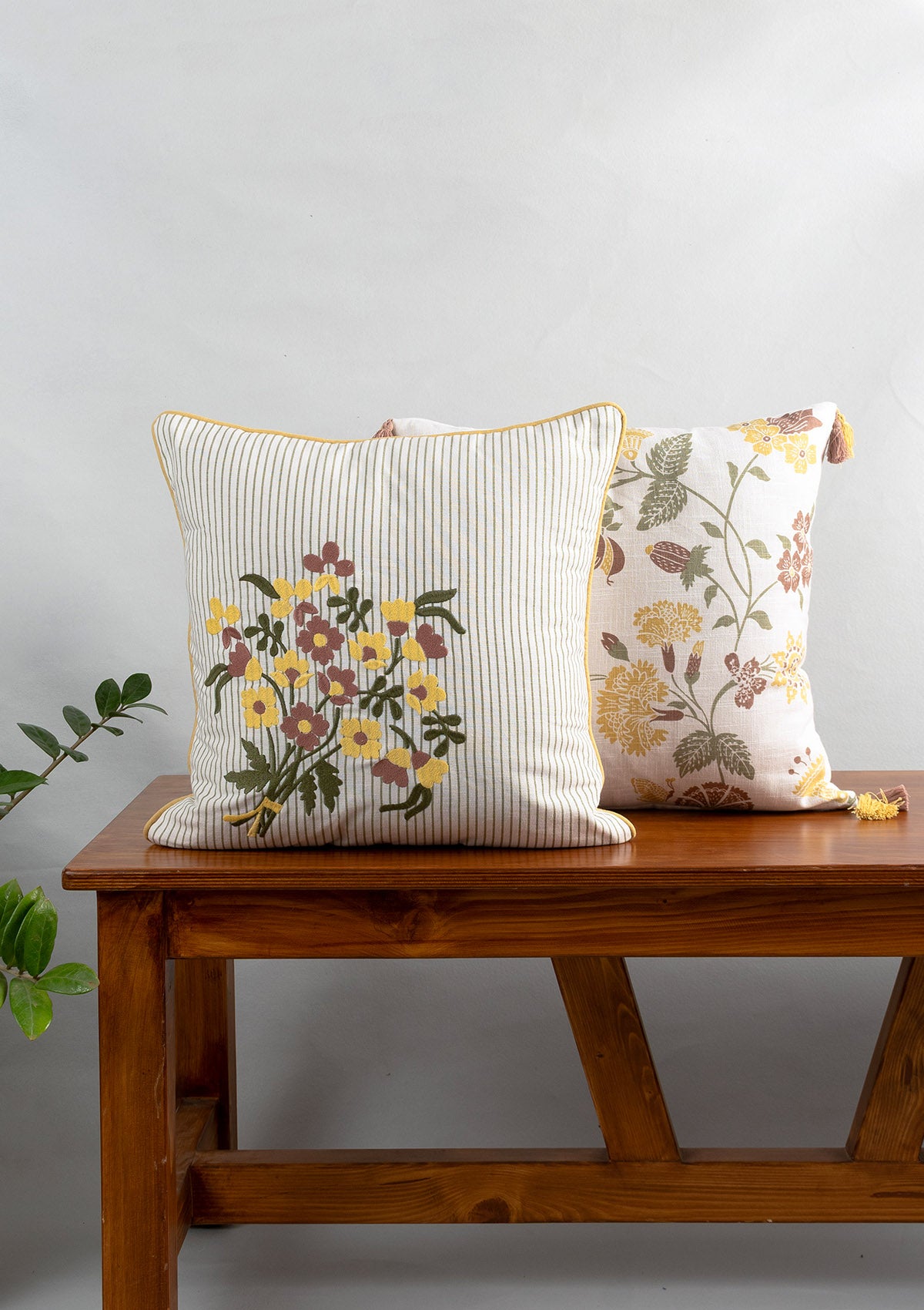 Floret Embroidered Floral Pattern & Waltz Printed Floral Pattern Multicolor 100% Cotton Cushion Covers for Sofa - Pack of 2