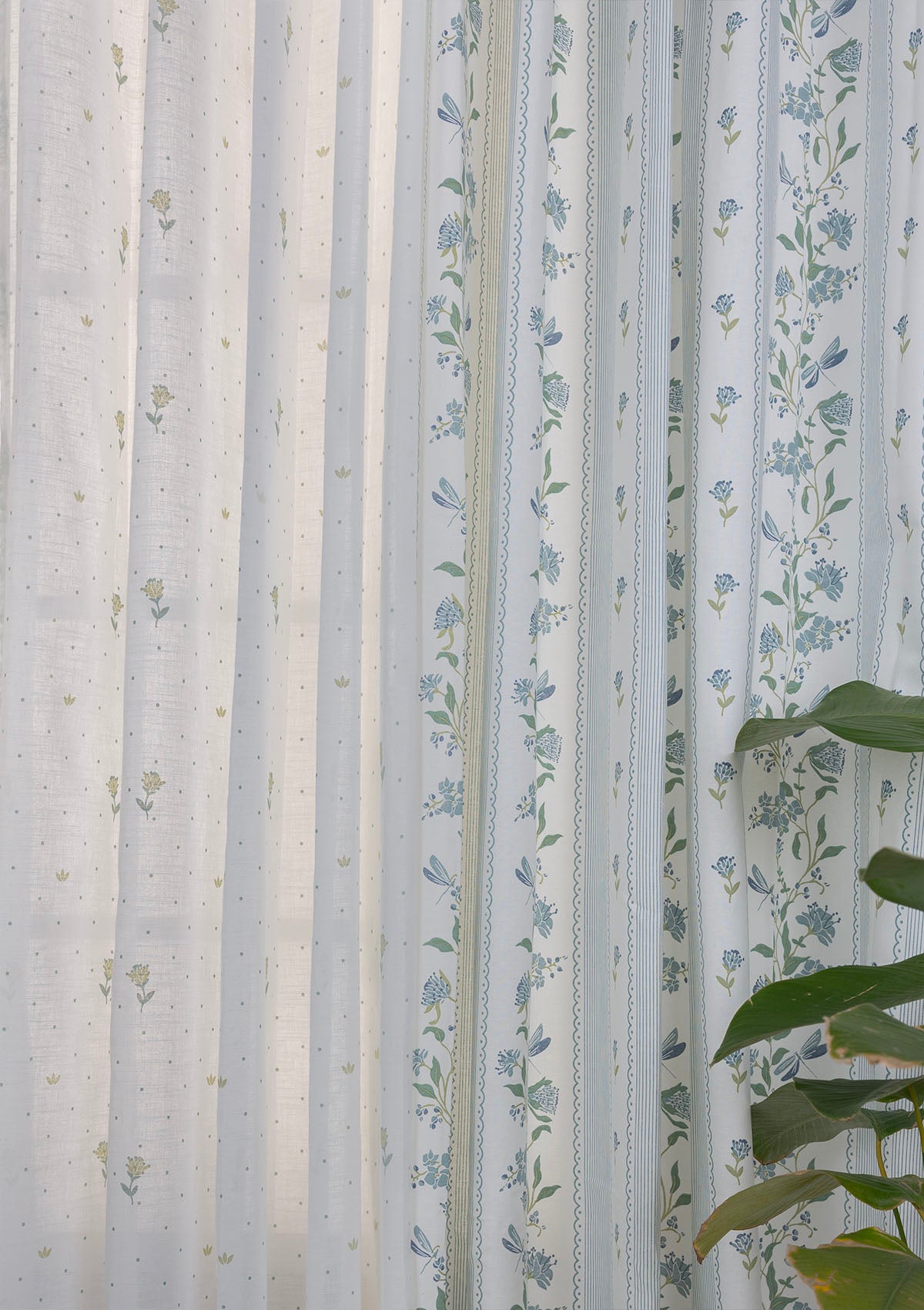 Flutter Printed Light Reduction & Roselle Printed Sheer Light Reduction | 100% Cotton for Living Room & Bedroom | Floral | Nile Blue & Sage Green | Combo Curtains | Pack of 4