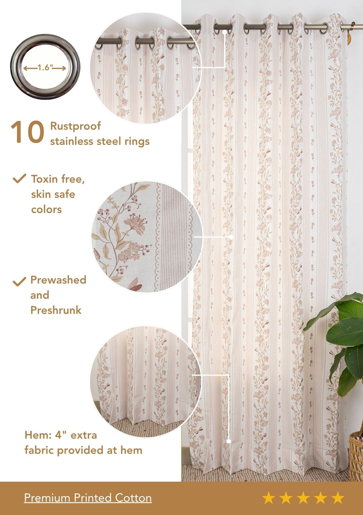 Flutter Pink Floral Printed 100% Cotton Curtain For Bedroom | Light Reduction | Single Piece