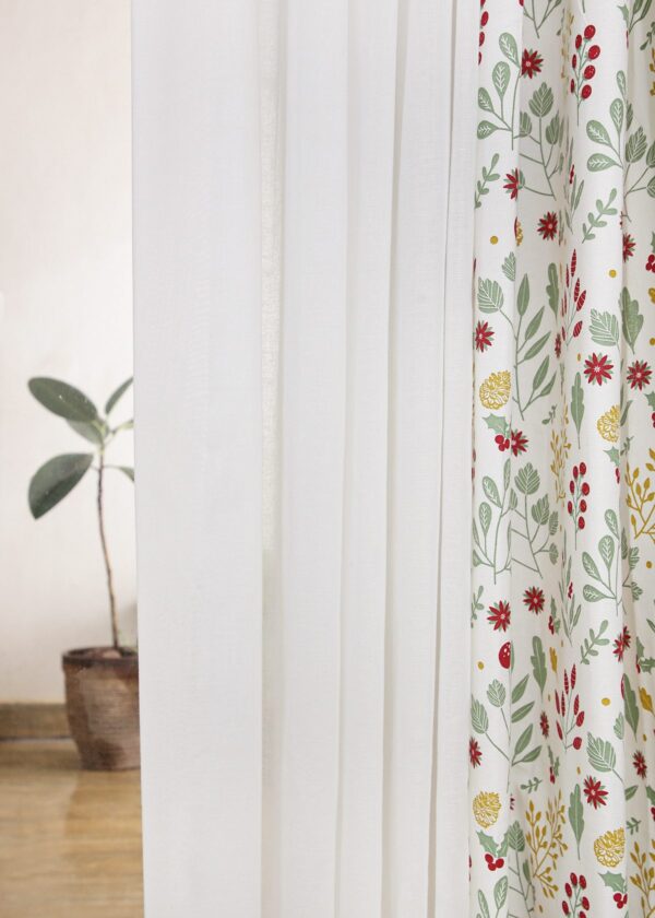 Foraged Berries, Warm White Solid Sheer Set of 4 Combo Cotton Curtain - Multicolor