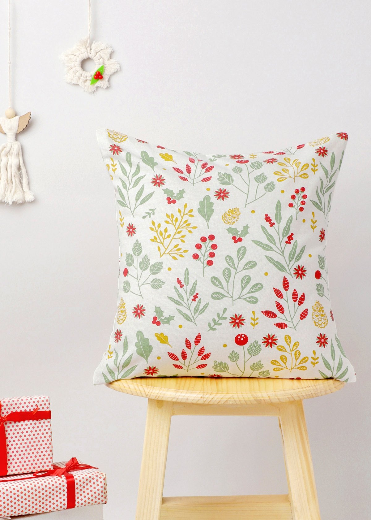 Foraged Berries 100% cotton customizable floral cushion cover for sofa - Red