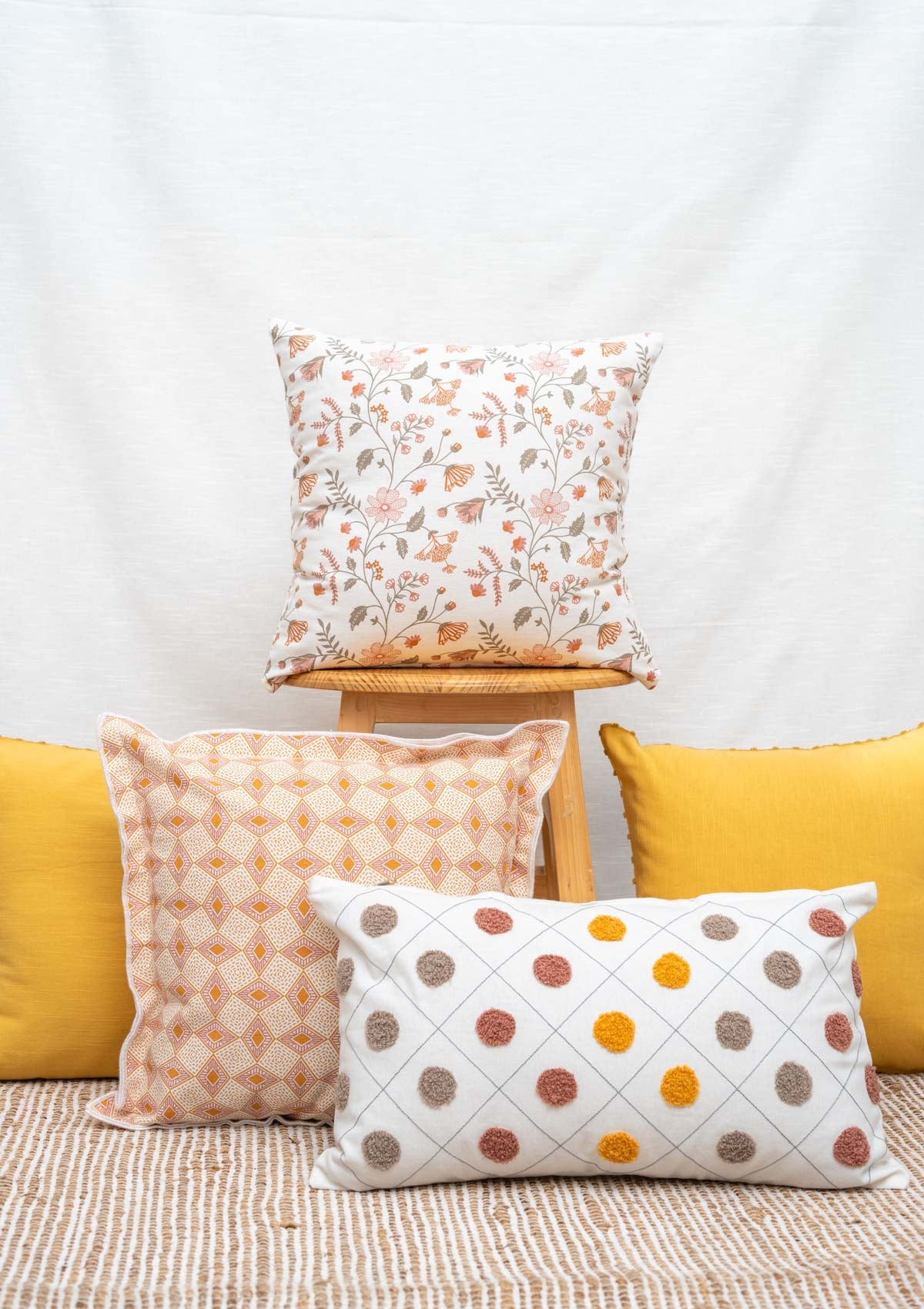 Forest bloom 100% cotton floral cushion cover combo set for sofa- Orange and Mustard