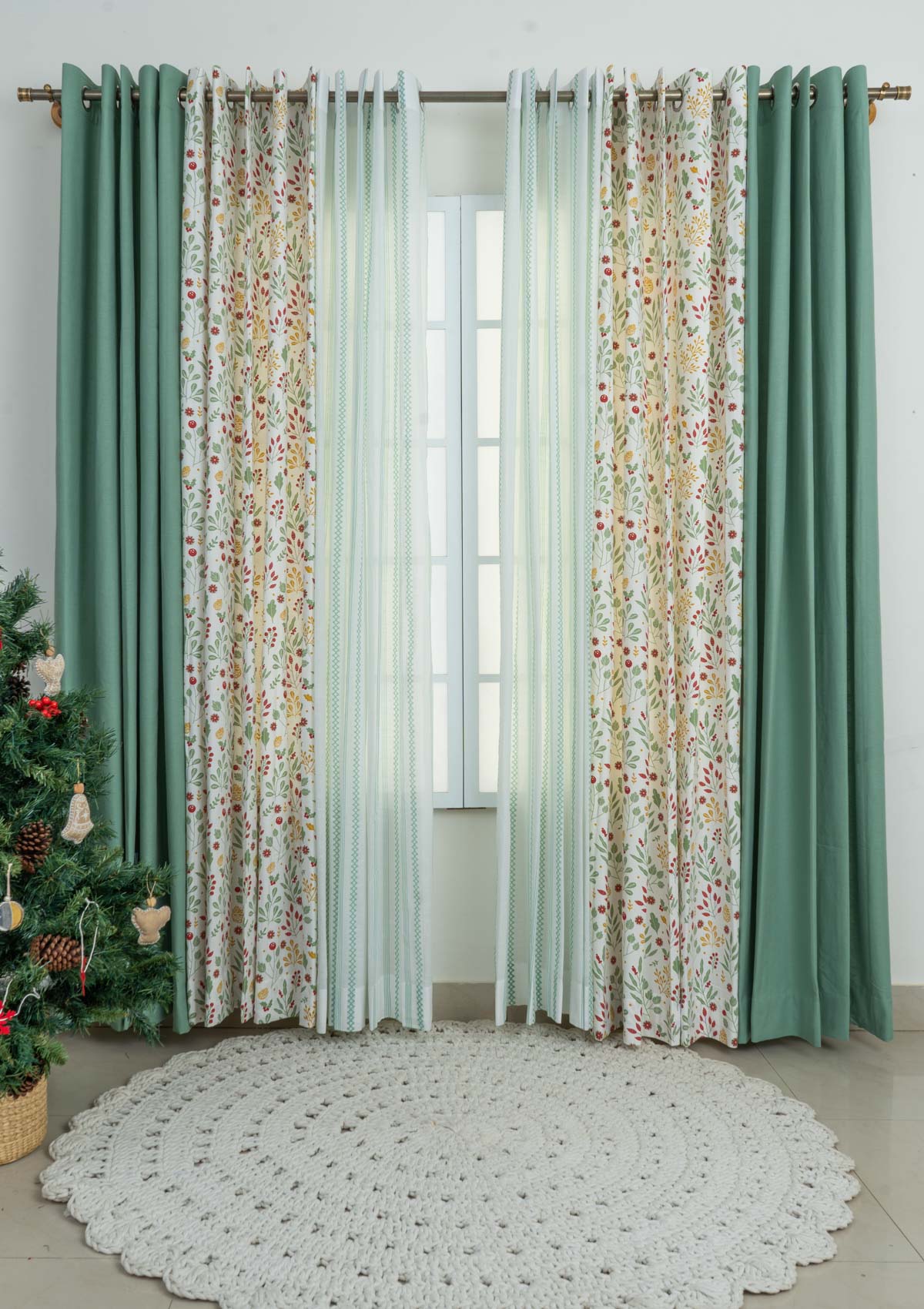 Sage Green, Foraged berries with picket fence Set of 6 Combo Cotton Curtain - Multicolor