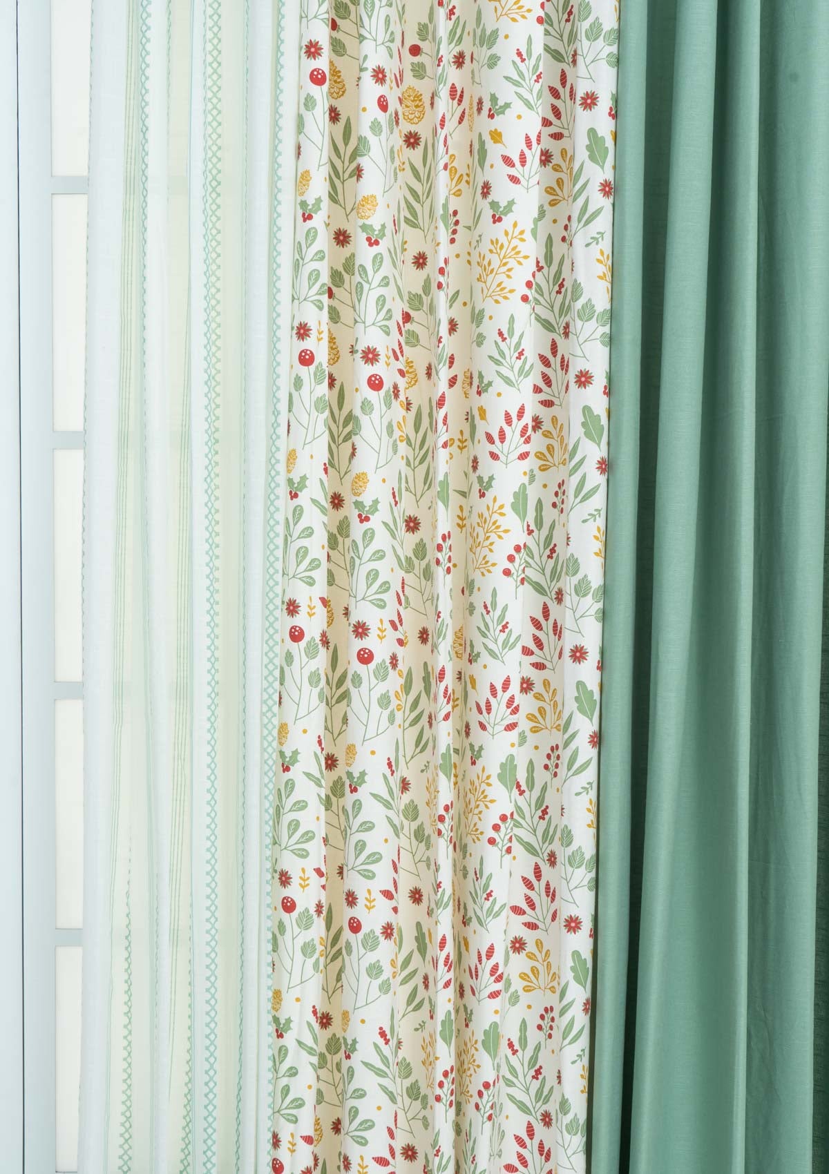 Sage Green, Foraged berries with picket fence Set of 6 Combo Cotton Curtain - Multicolor