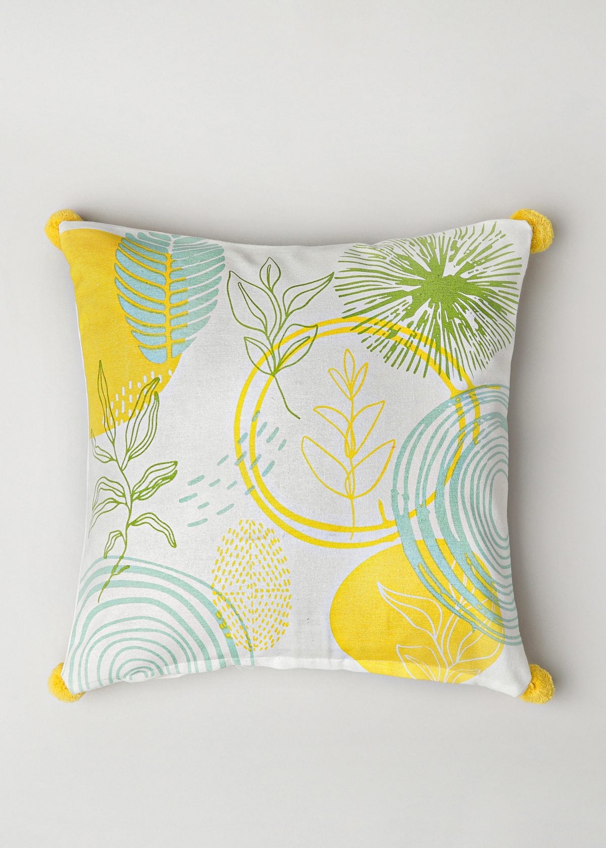 Free Spirit 100% cotton abstract cushion cover for sofa with yellow pom pom - Yellow