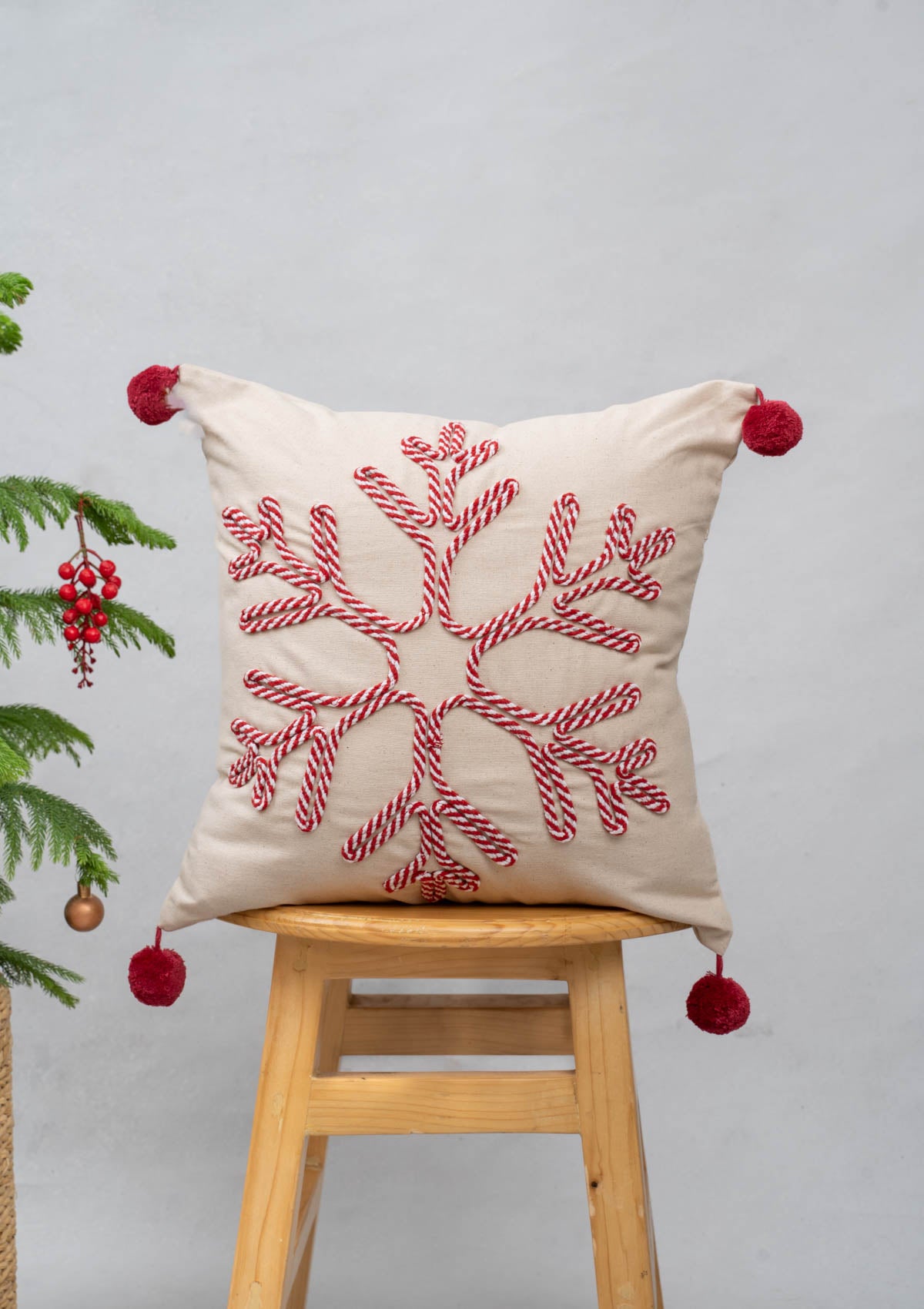 Frost Cushion 100% cotton thread embroidered cushion cover for sofa with red pom pom - Beige