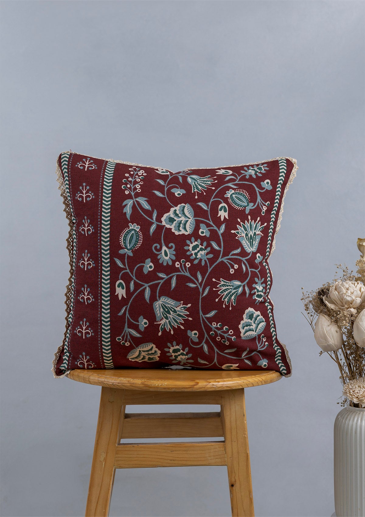 Peridot Embroidered & Garnet Printed 100% Cotton Cushion Covers for Sofa - Red and Green - Pack of 2