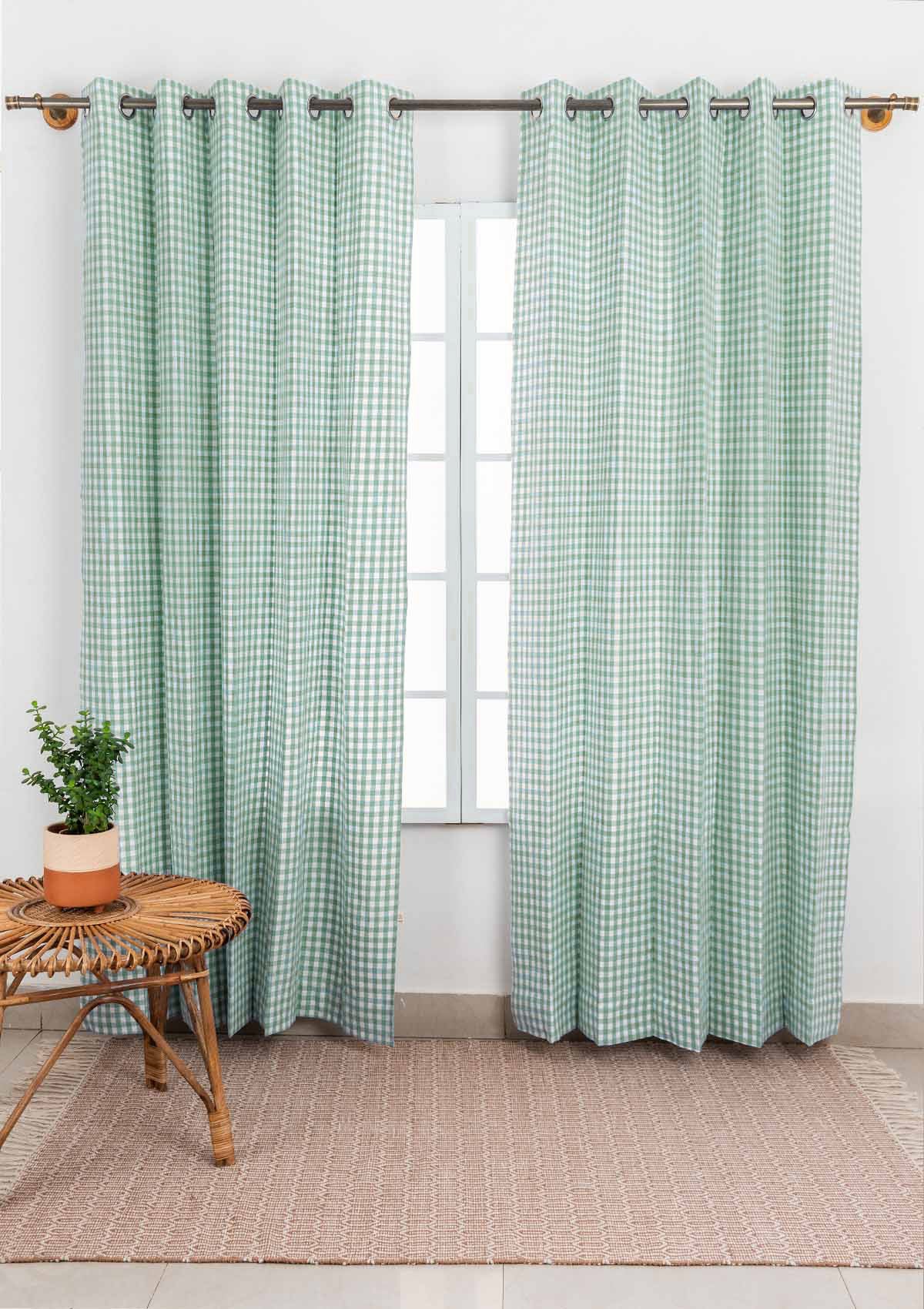 Gingham Woven 100% cotton geometric curtain for living room - Room darkening - Sage Green - Pack of 1