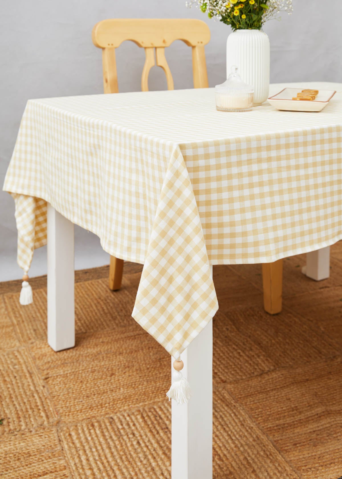 Gingham checks 100% cotton geometric table cloth for 4 seater or 6 seater dining - Ivory