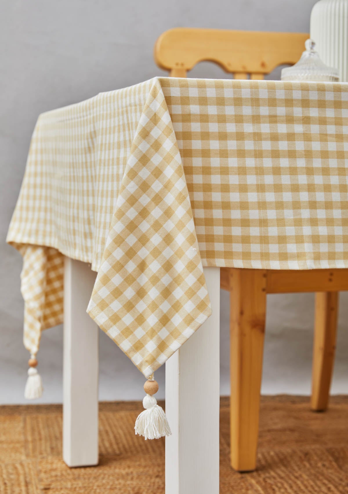 Gingham checks 100% cotton geometric table cloth for 4 seater or 6 seater dining - Ivory